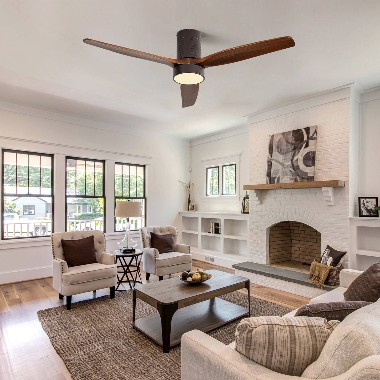 Dark bronze ceiling fan with three wooden blades and integrated LED light