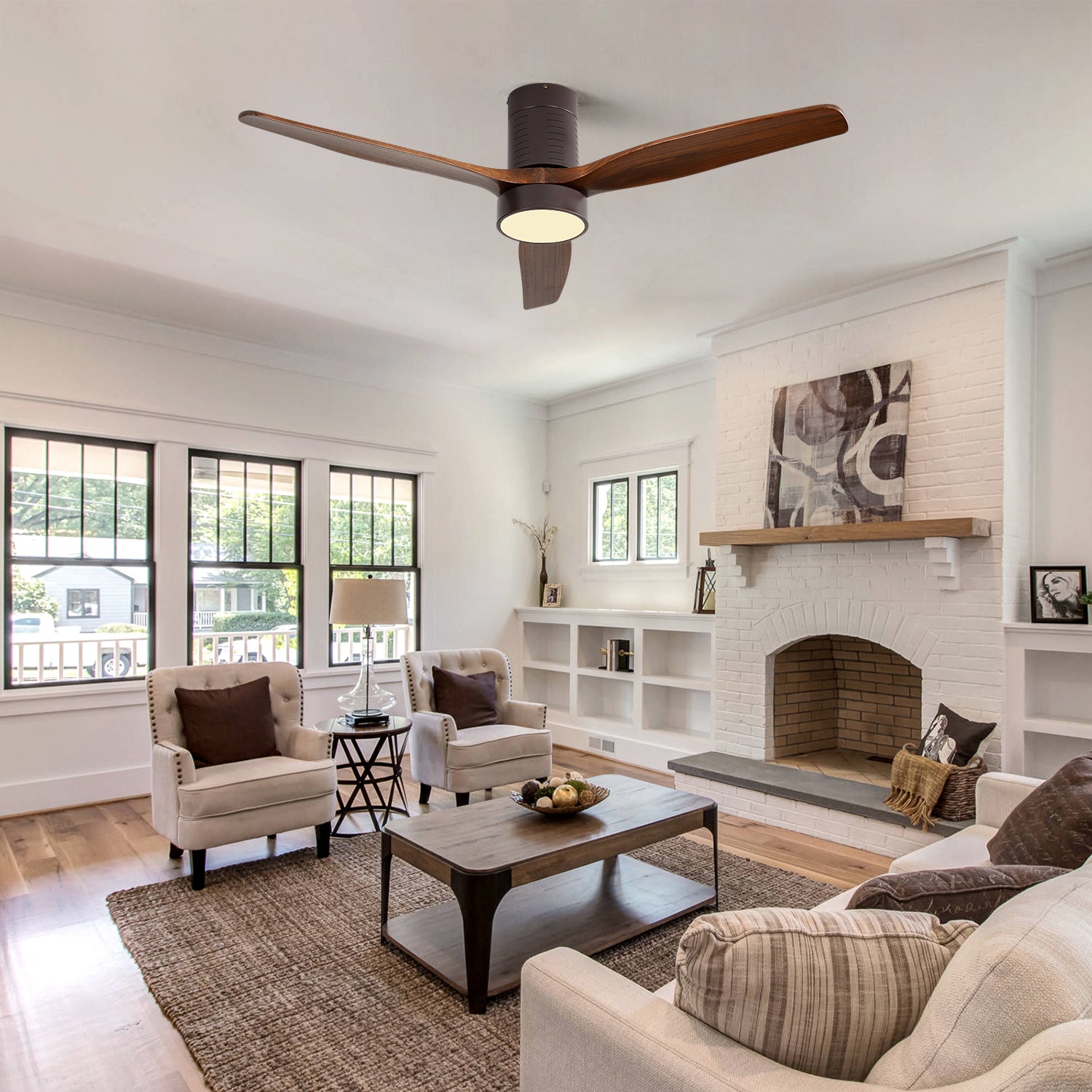 Dark bronze ceiling fan with three wooden blades and integrated LED light