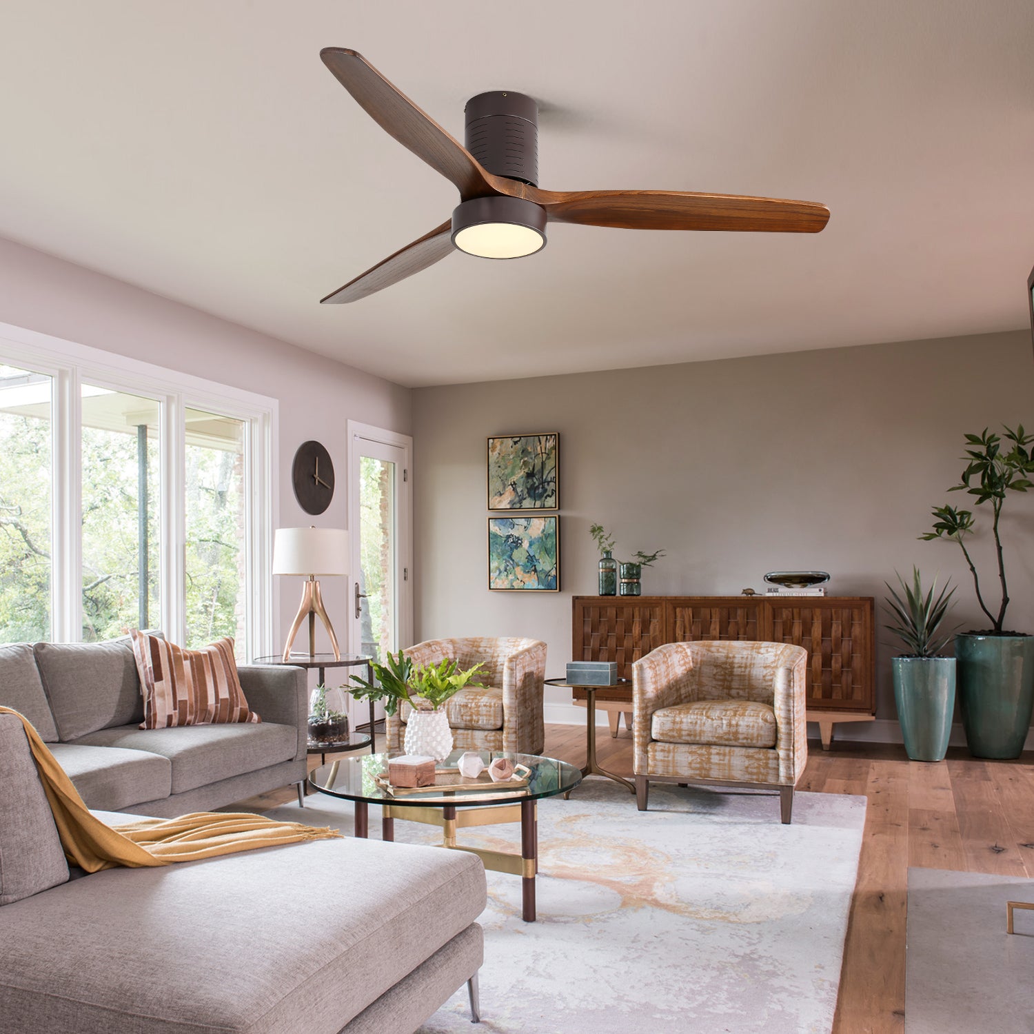 Dark brown threeblade modern ceiling fan with integrated LED light