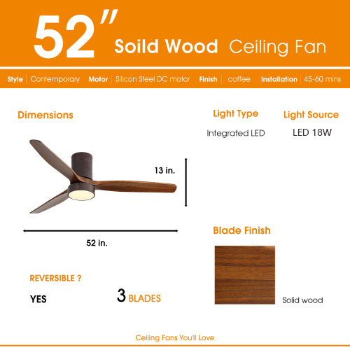 inch solid wood contemporary ceiling fan with integrated LED light