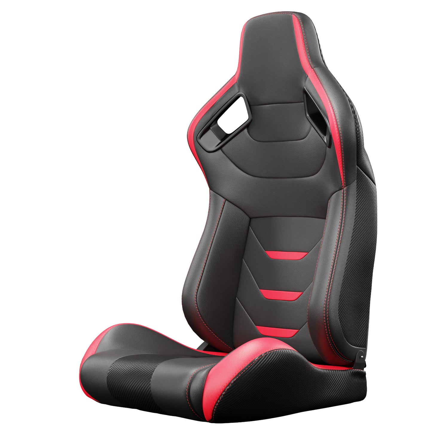 Black and red racing seat with ergonomic design and carbon fiber accents