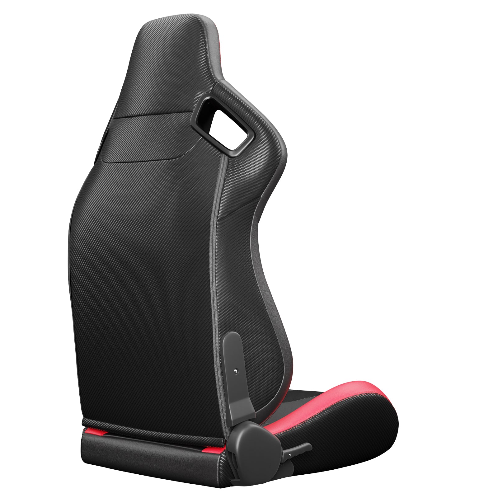 Black racing gaming chair with carbon fiber texture and red accents