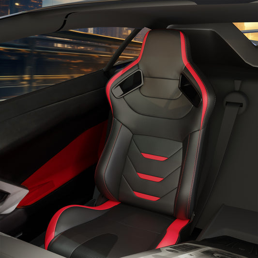 Black racing seat with red stitching and accents featuring sculpted bolstering for enhanced support