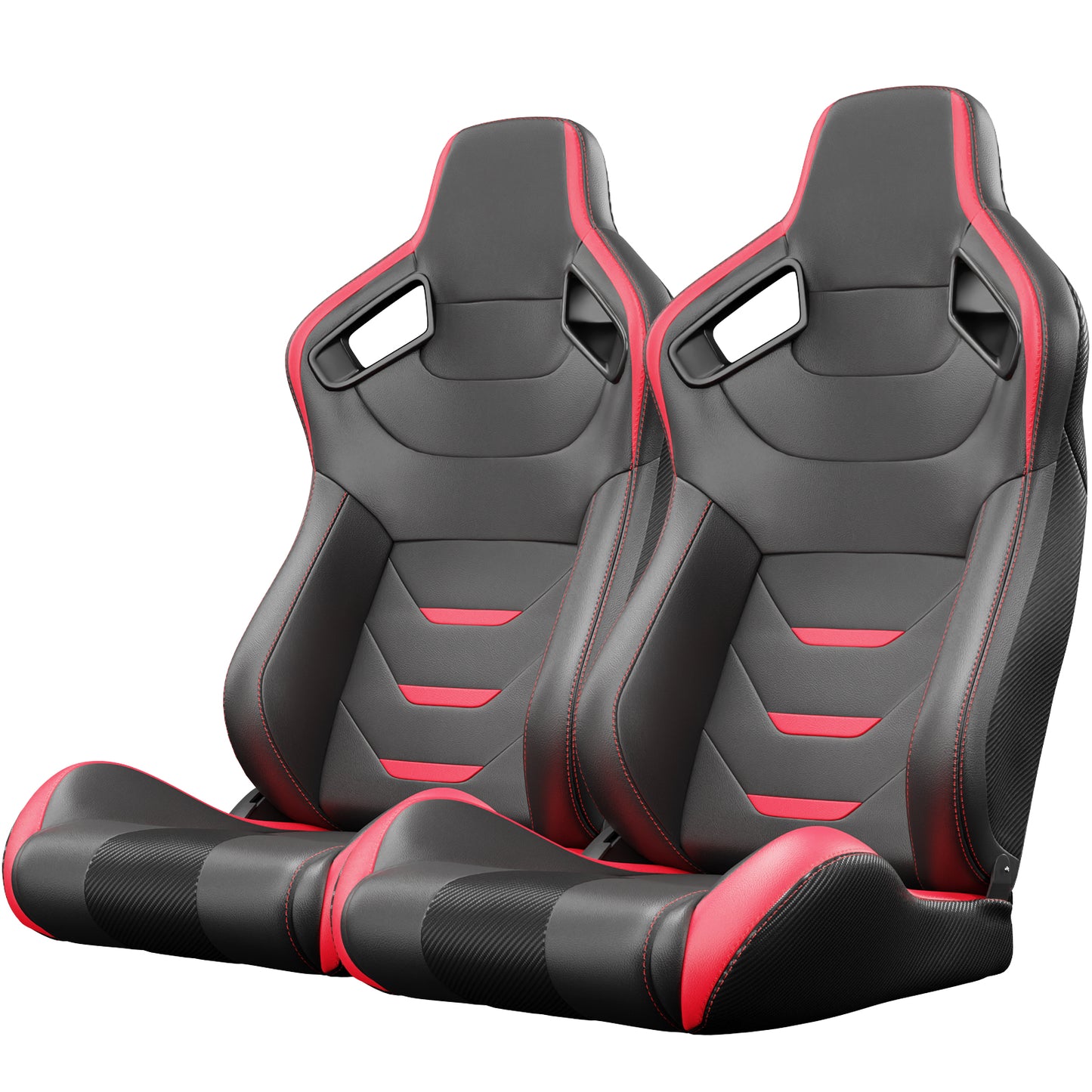 Two black racing seats with red accents and carbon fiber detailing