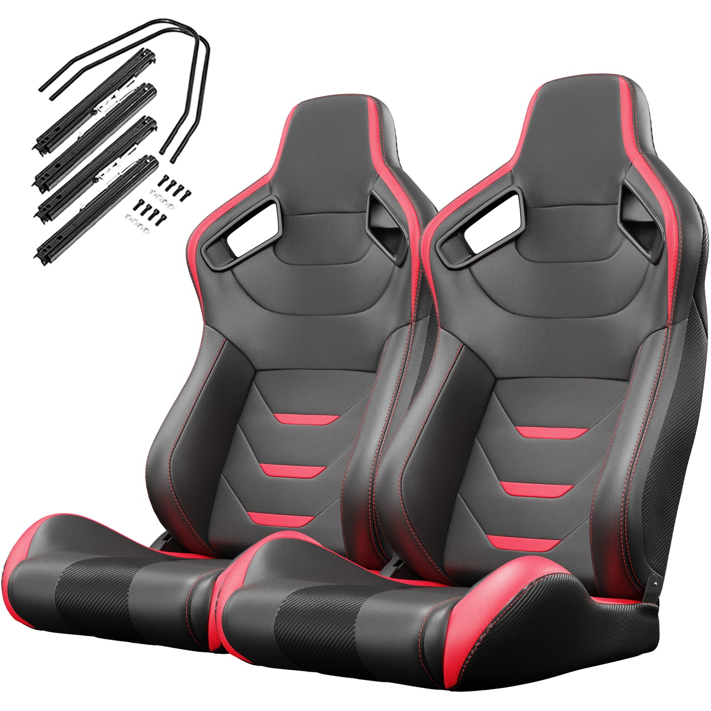 Pair of black racing seats with red accents and hardware