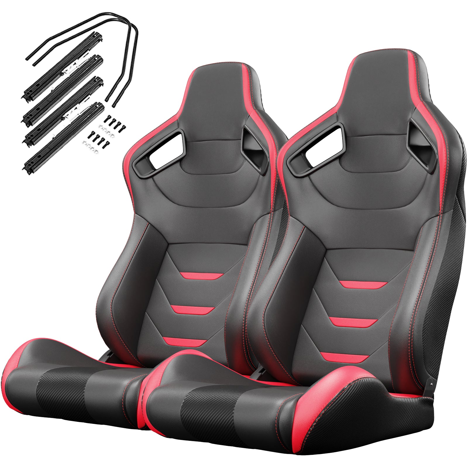Pair of black racing seats with red accents and hardware