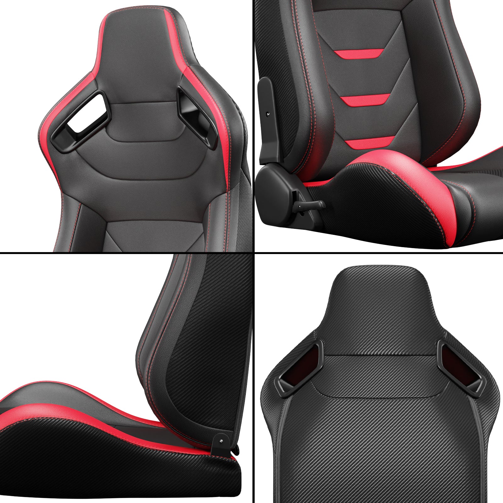 Black and red racing gaming chair with carbon fiber accents and adjustable lumbar support