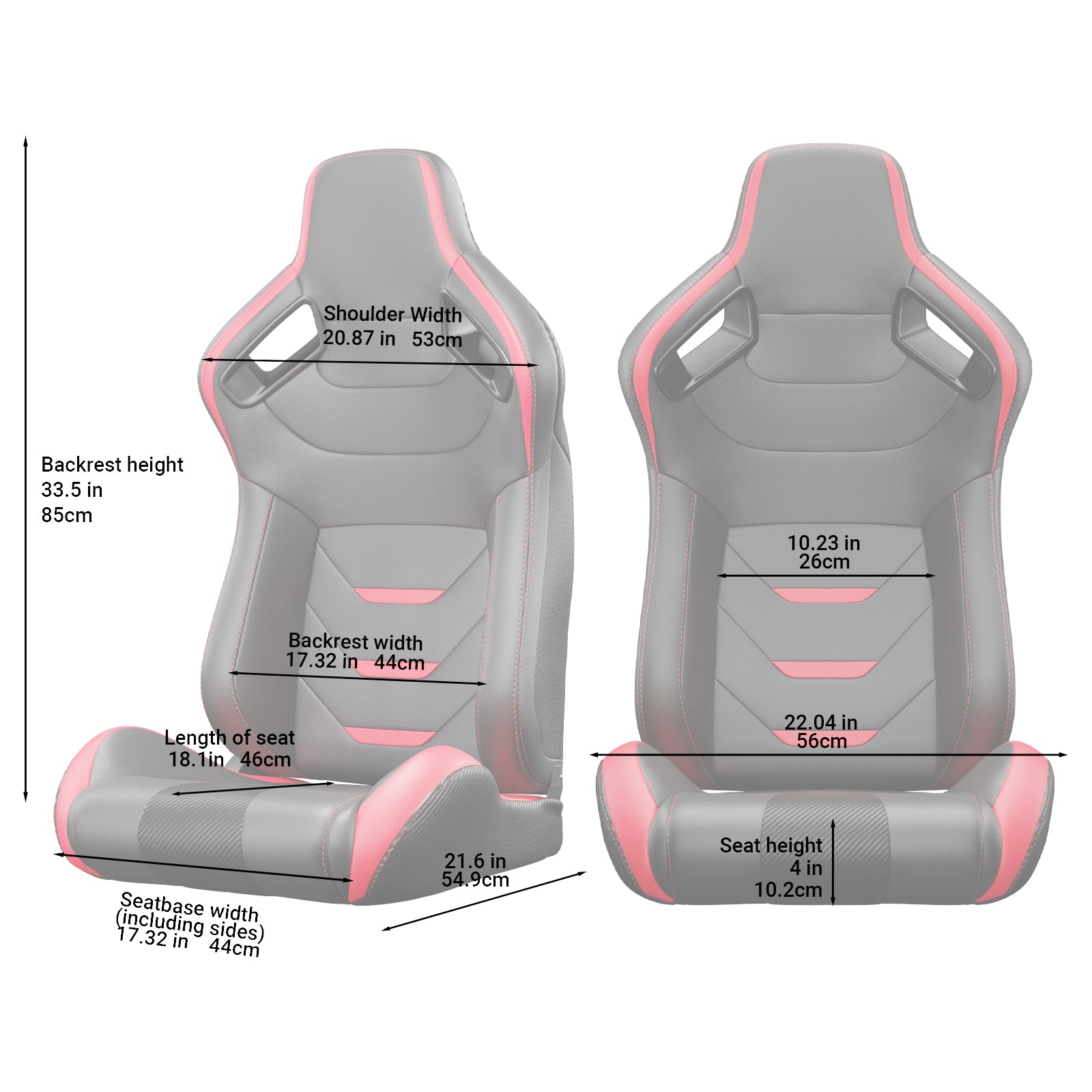 Black and pink racing seat with detailed measurements for gaming setup