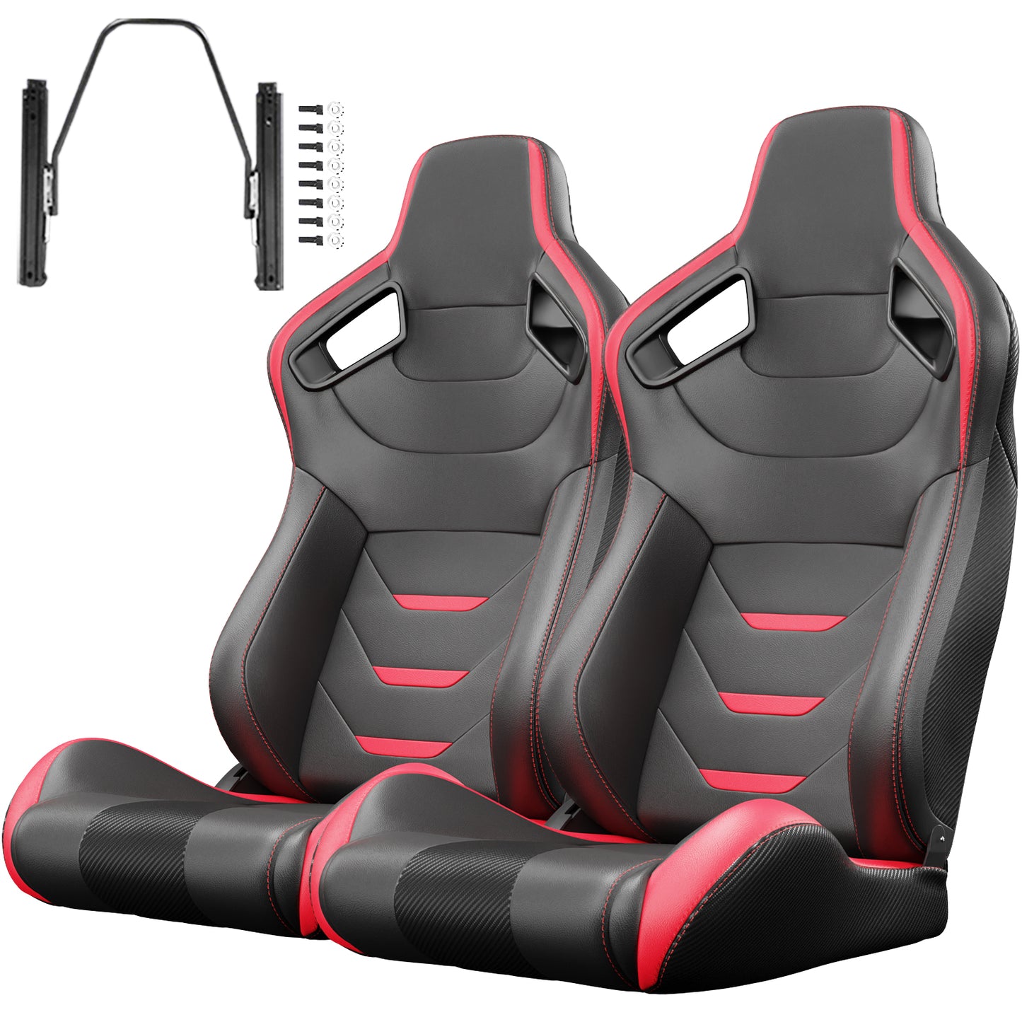 Pair of black racing bucket seats with red stitching and accents includes sliders and hardware