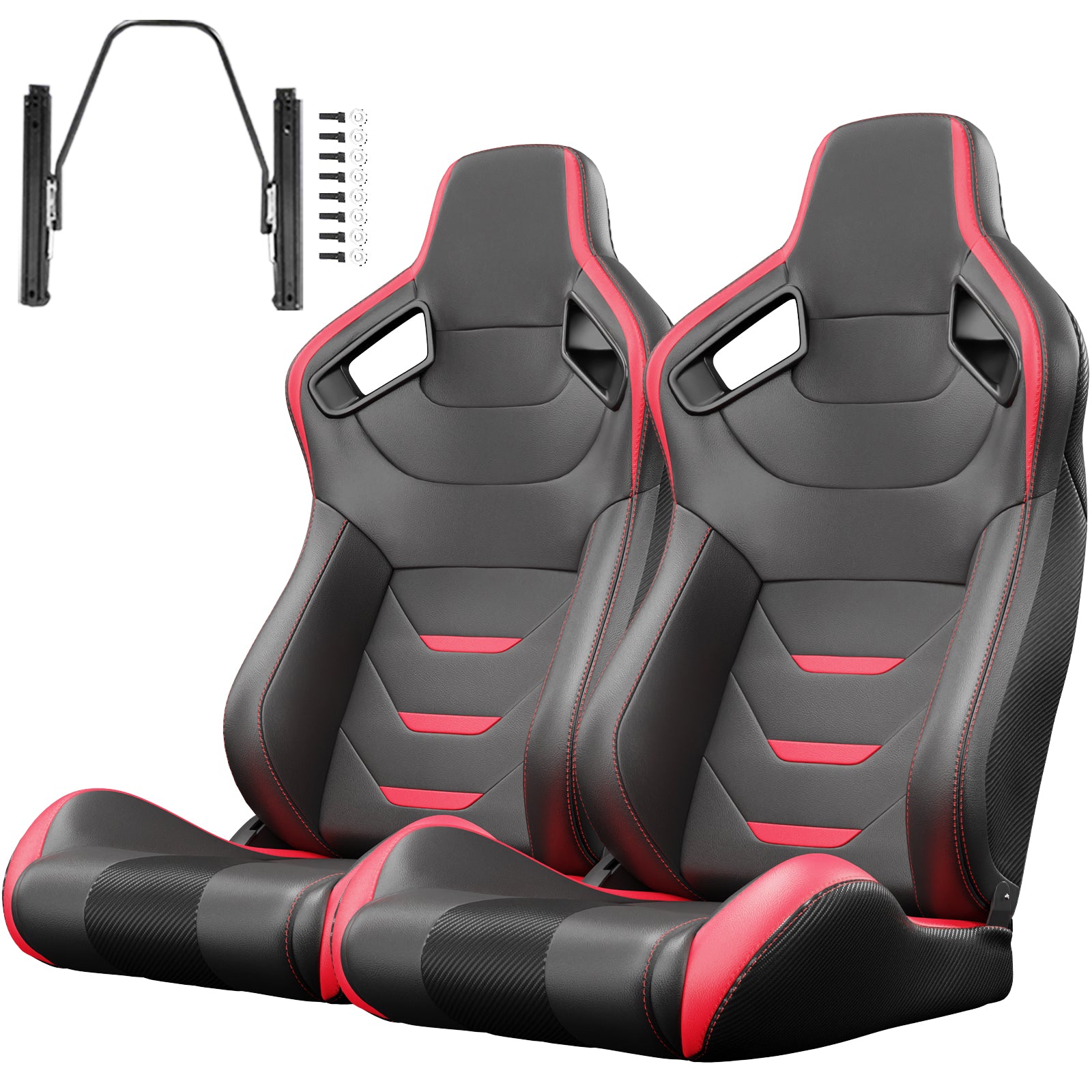 Pair of black racing bucket seats with red stitching and accents includes sliders and hardware