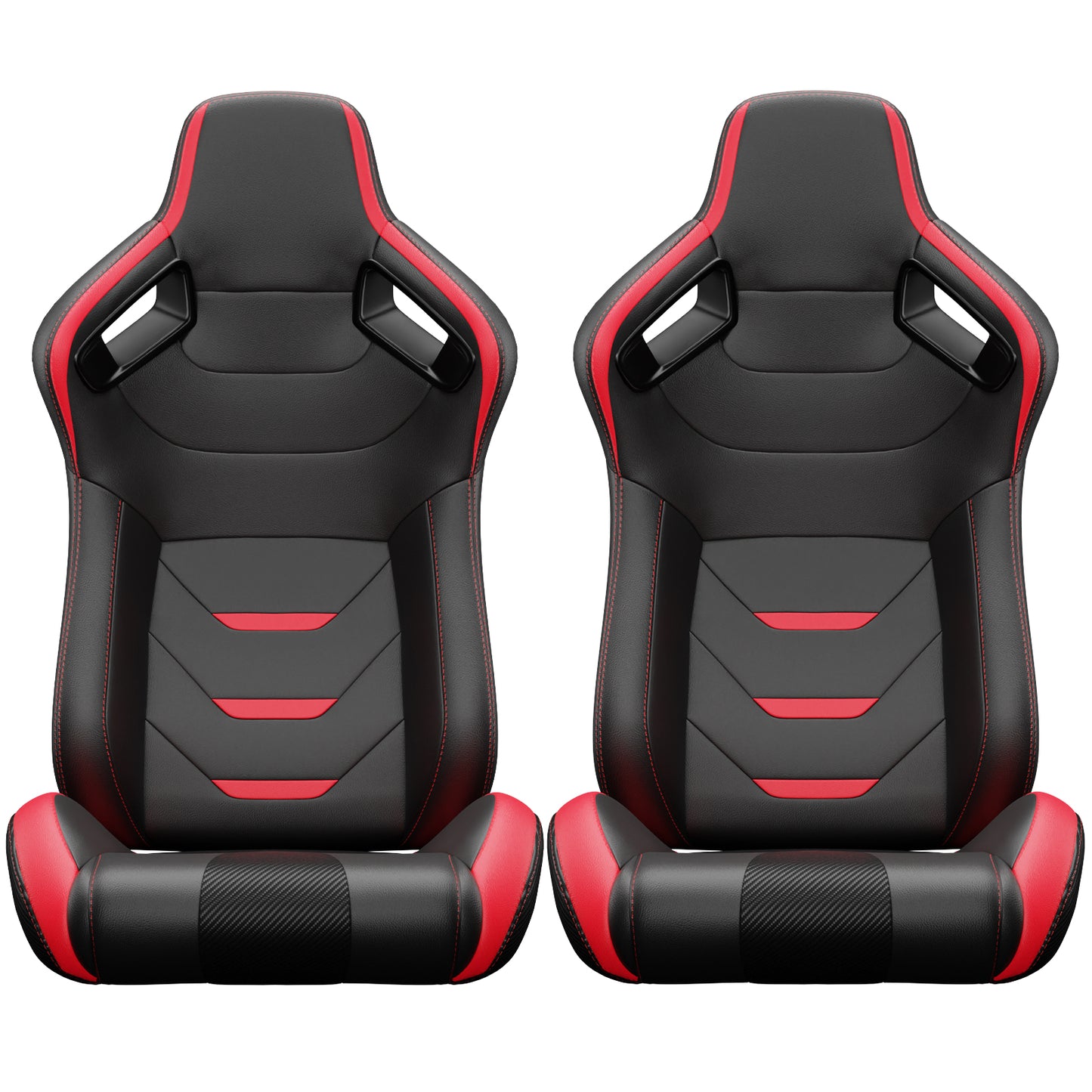 Pair of black and red racing gaming chairs with ergonomic design and carbon fiber accents