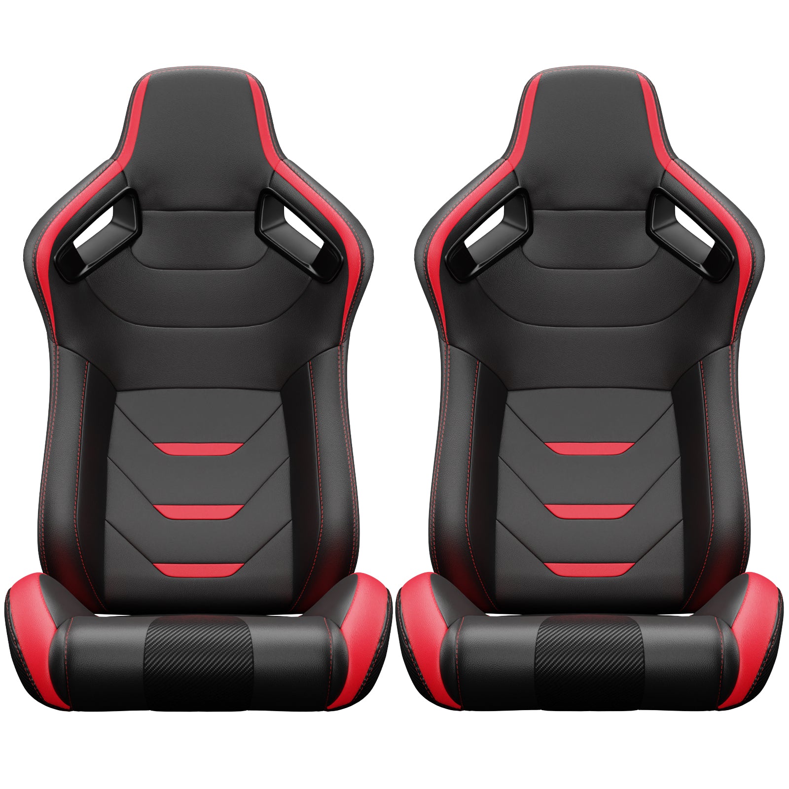 Pair of black and red racing gaming chairs with ergonomic design and carbon fiber accents