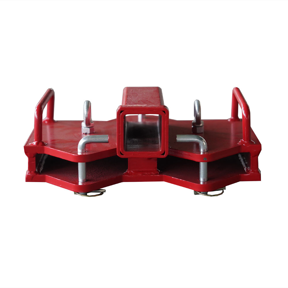 Red metal hitch receiver adapter with secure locking pins