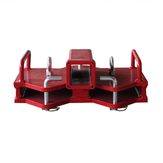 Red metal hitch receiver adapter with secure locking pins