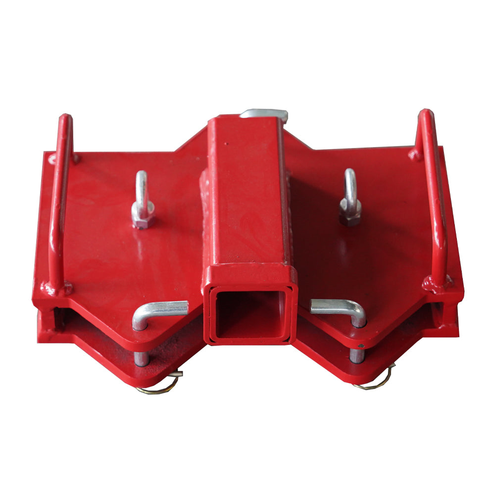 Red steel tractor hitch adapter with four hook points and a inch receiver tube