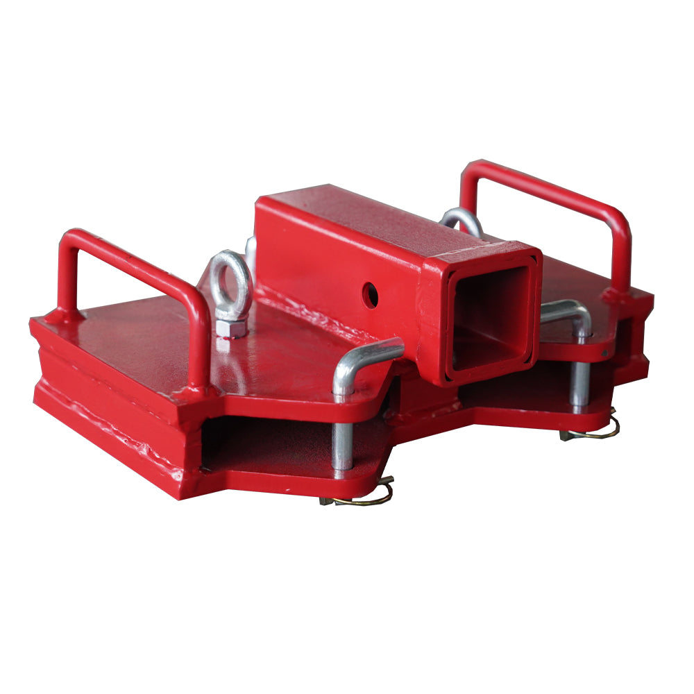 Red metal hitch receiver adapter with handles and eye bolts for tractor attachment