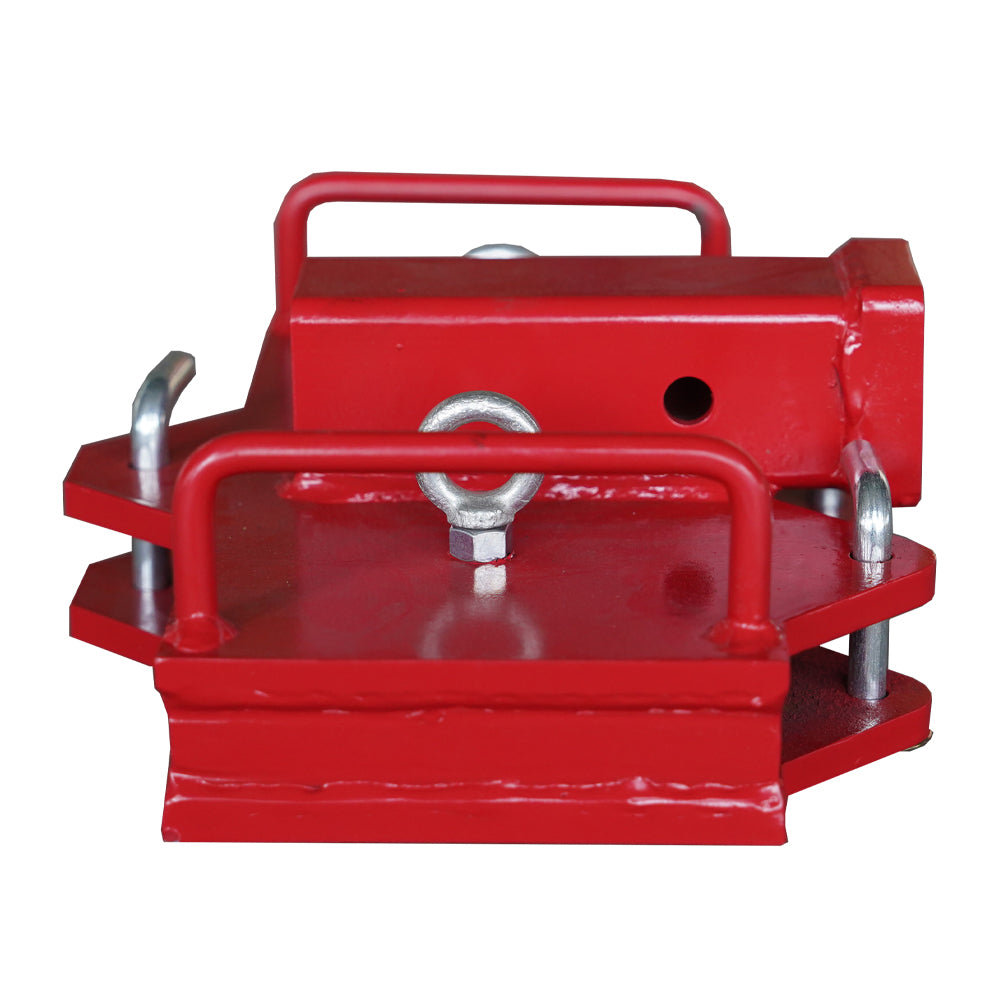 Red steel hitch receiver with forged tow ring and safety pins for trailers