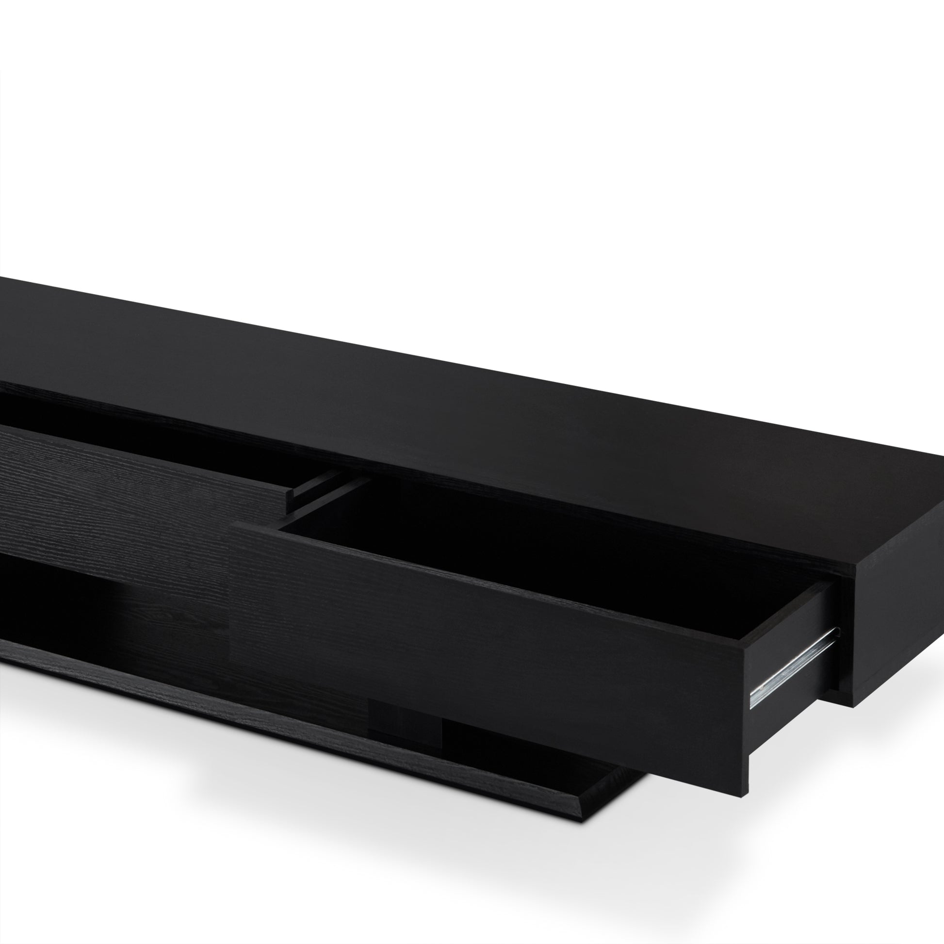 Modern black wood TV stand with open shelving and one extended drawer