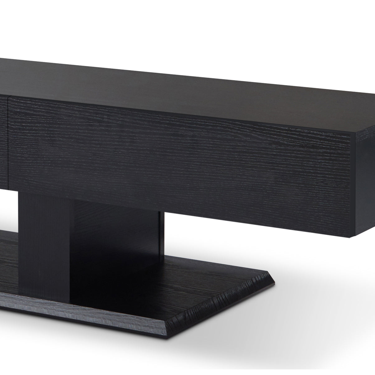 Modern black wood TV stand with clean lines and a floating design