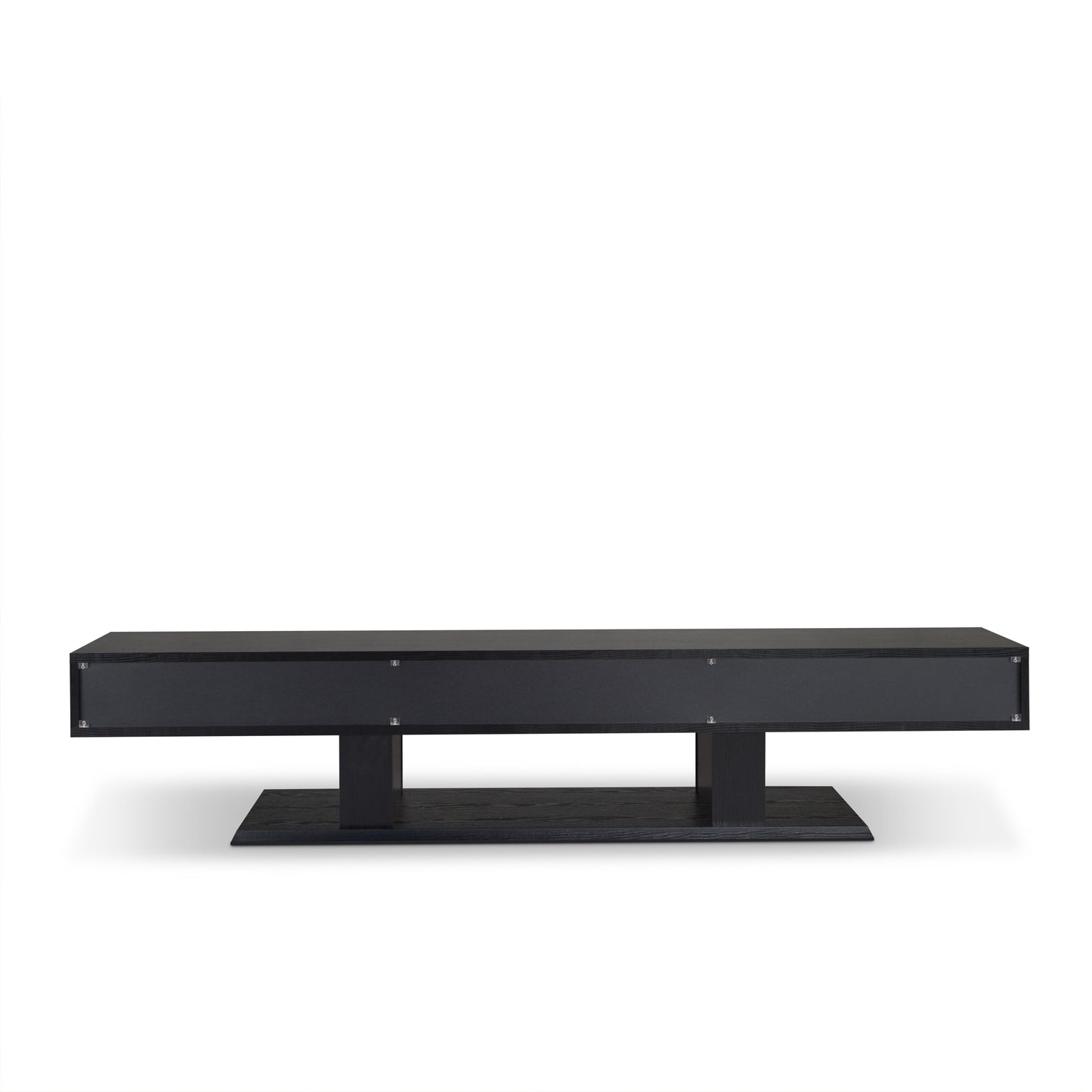 Black wood TV stand with sleek modern design and open shelf space