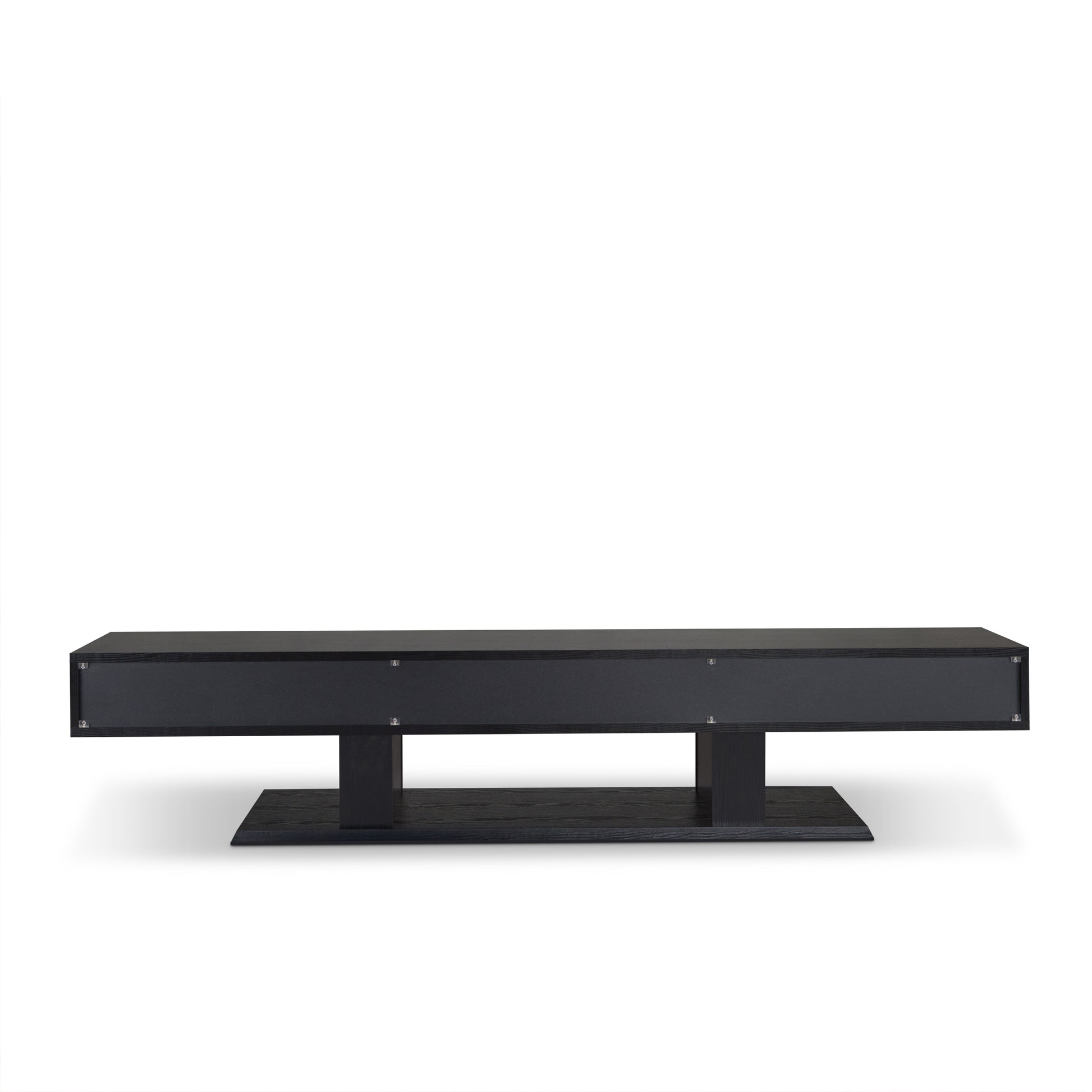 Black wood TV stand with sleek modern design and open shelf space