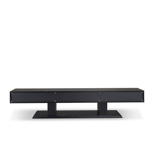 Black wood TV stand with sleek modern design and open shelf space