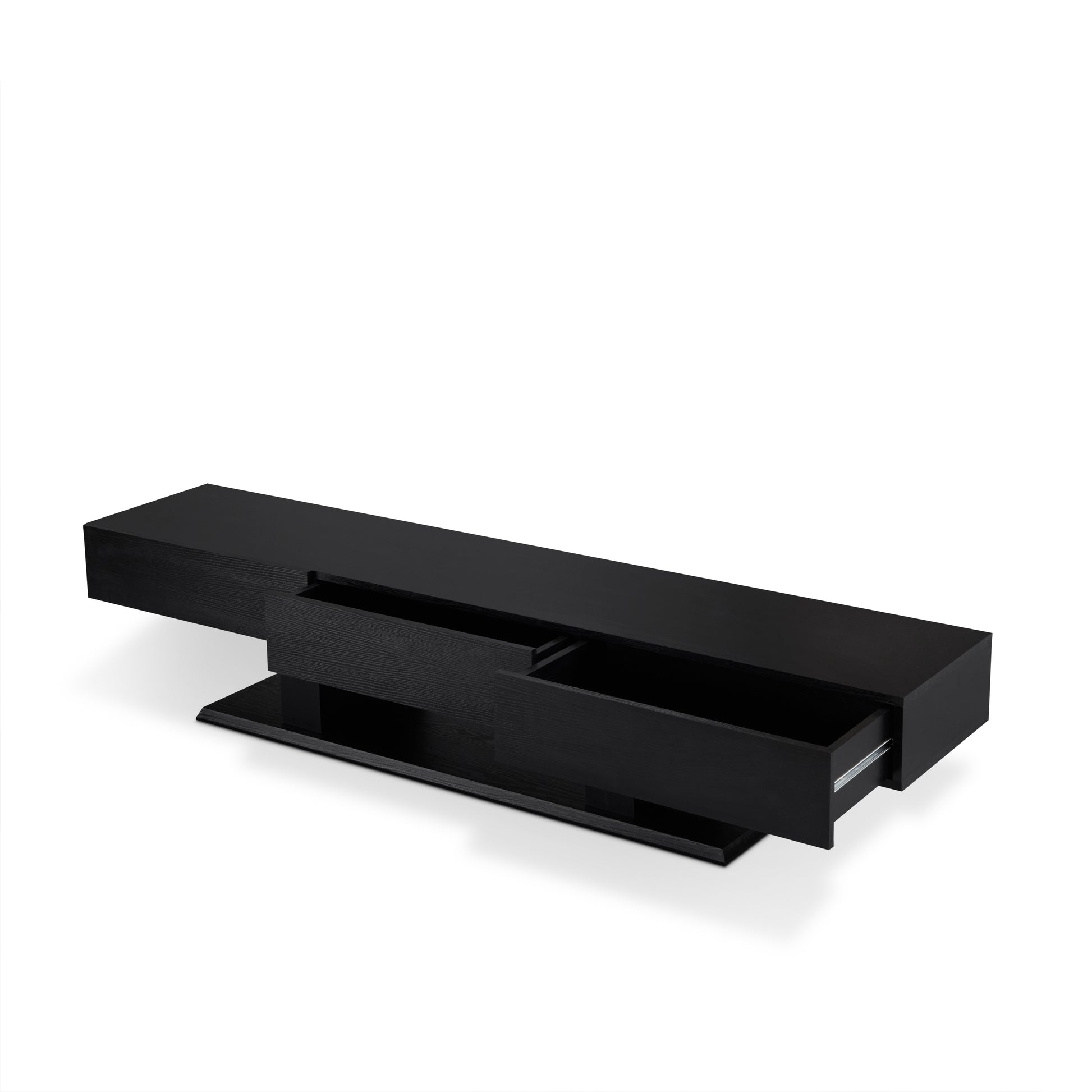 Sleek black modern TV stand with one open drawer and minimalist design