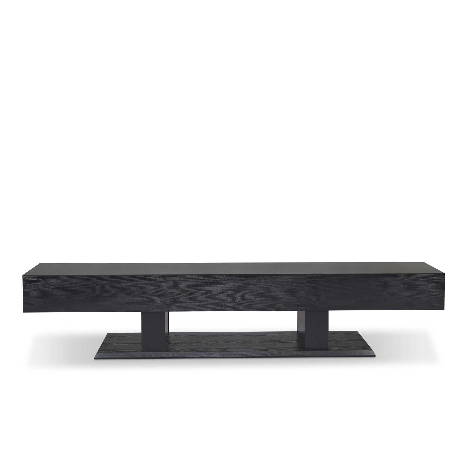 Black modern media console with three drawers and open shelving space