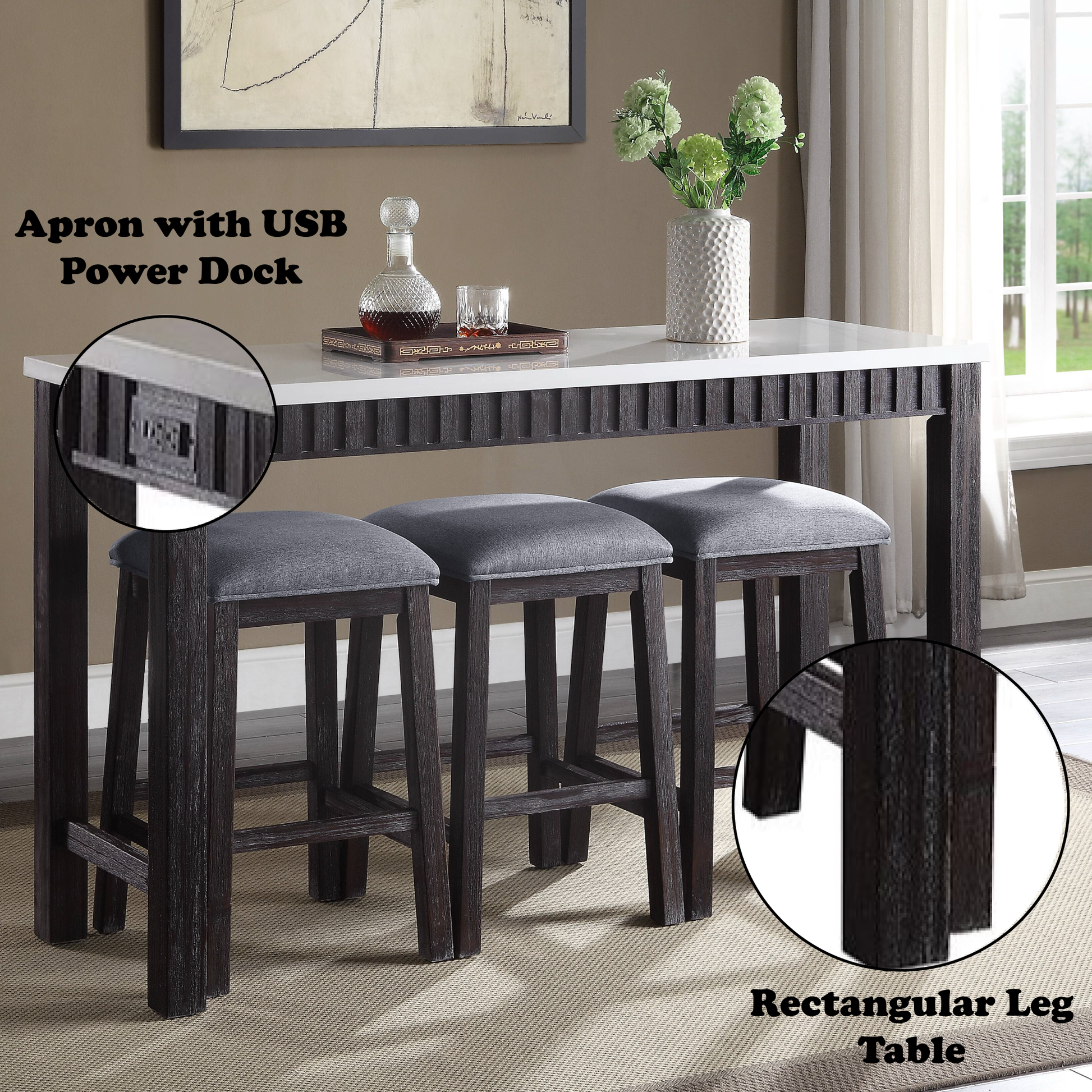 Dark wood rectangular bar table with white top and builtin USB power dock for convenience