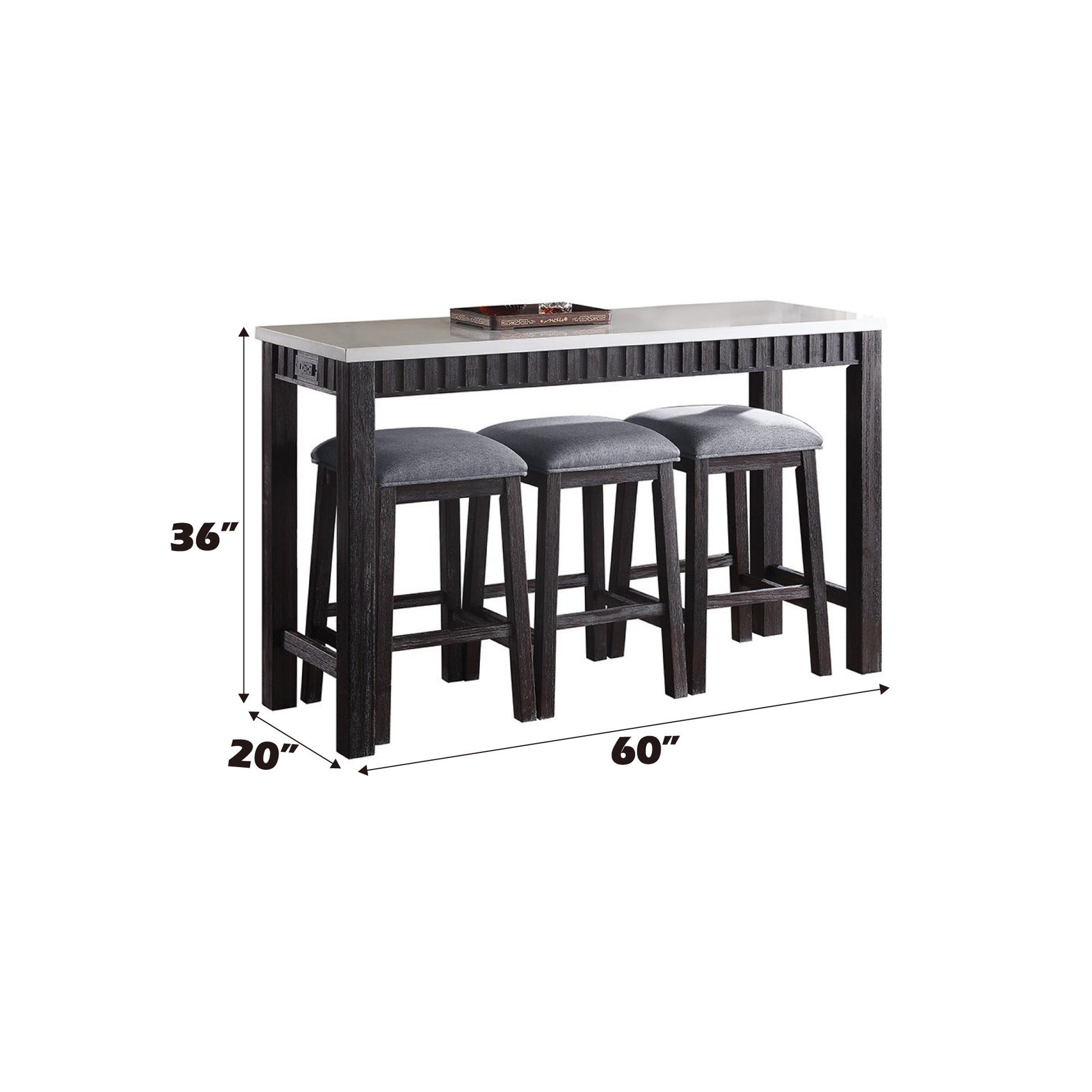 Dark wood bar table with white marble top and three grey upholstered stools