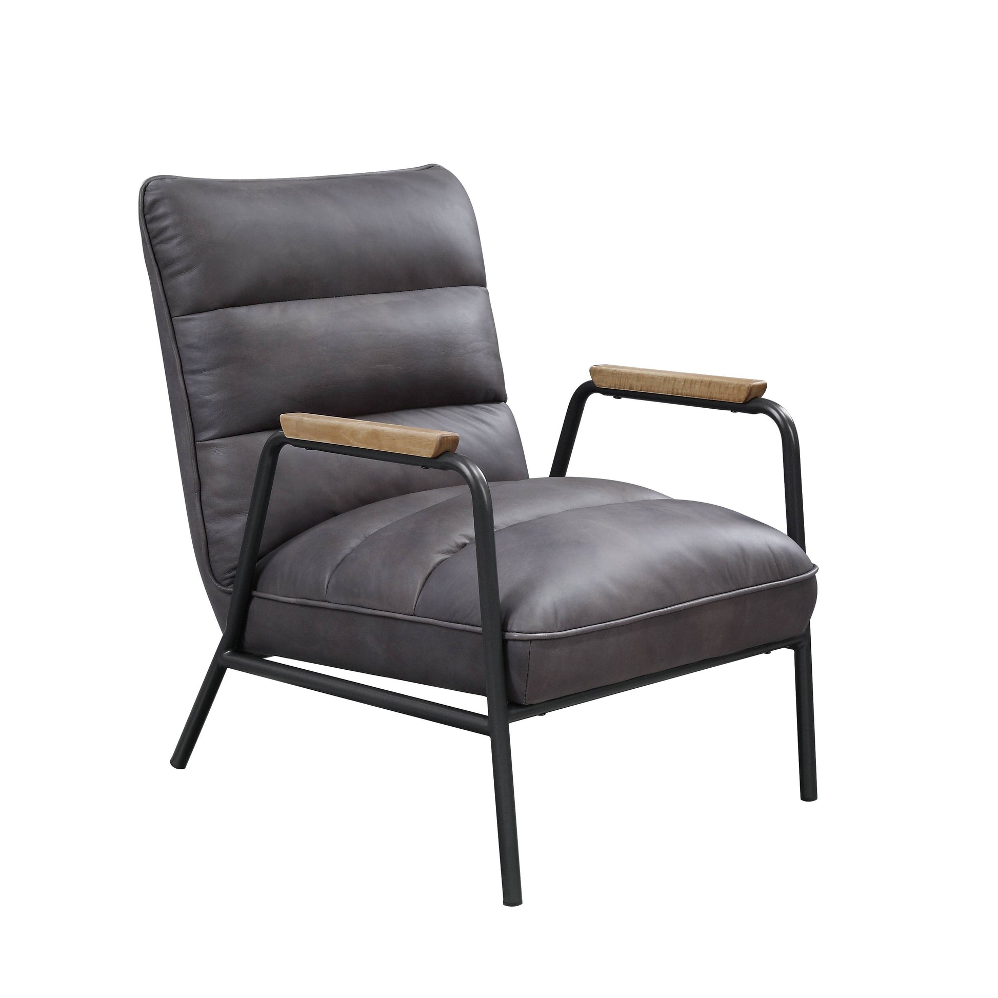 Modern grey faux leather accent chair with channel tufting and natural wood armrests