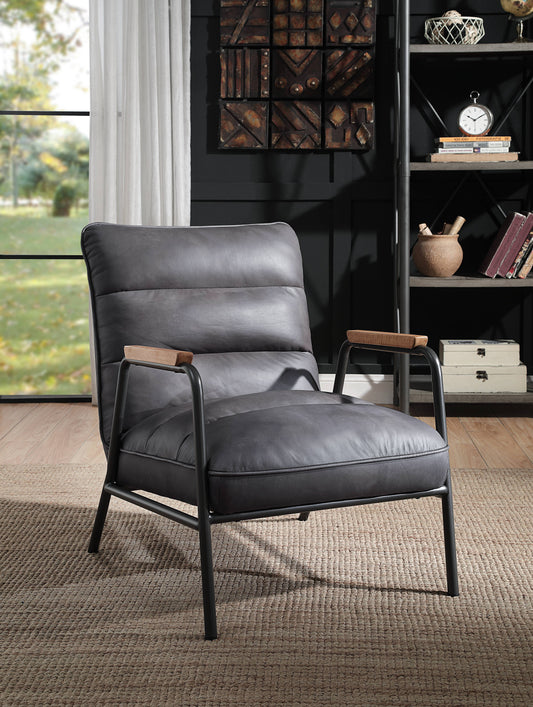 Dark gray leather accent chair with wooden armrests and black metal frame