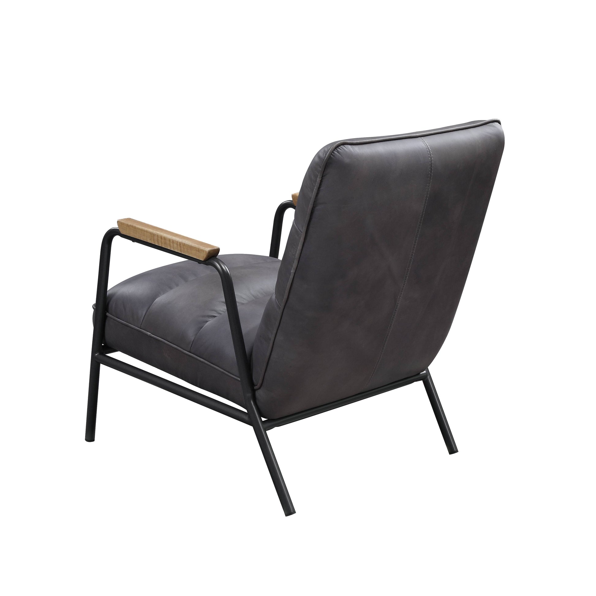 Dark grey tufted leather armchair with black metal frame and wooden armrests perfect for modern living rooms