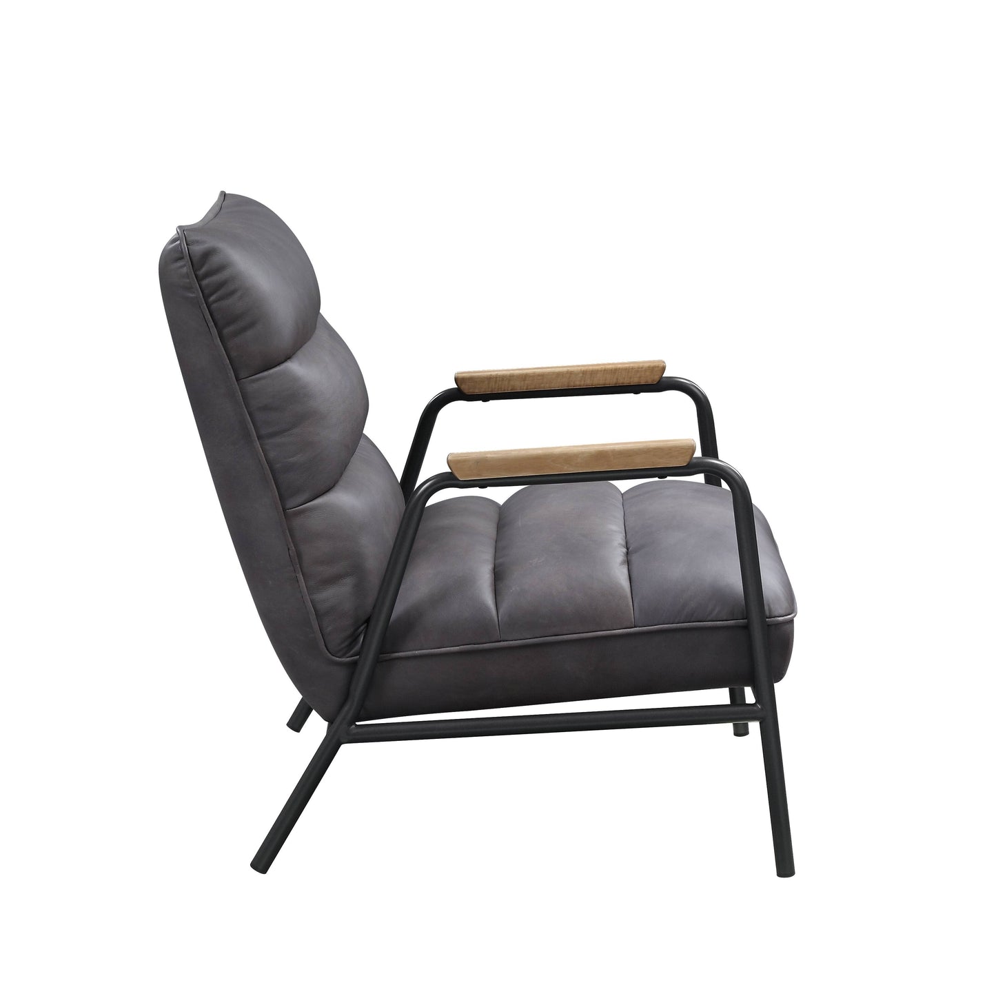 Dark gray tufted armchair with wood accents on arms and metal frame