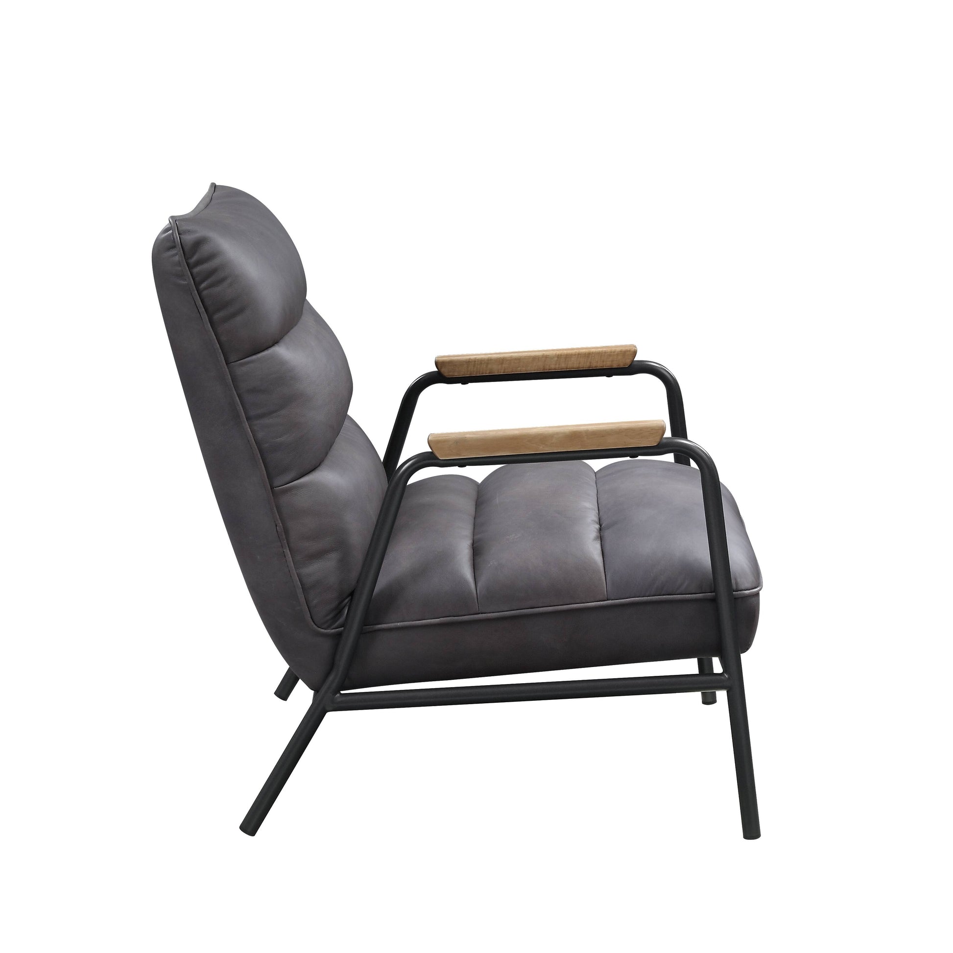 Dark gray tufted armchair with wood accents on arms and metal frame