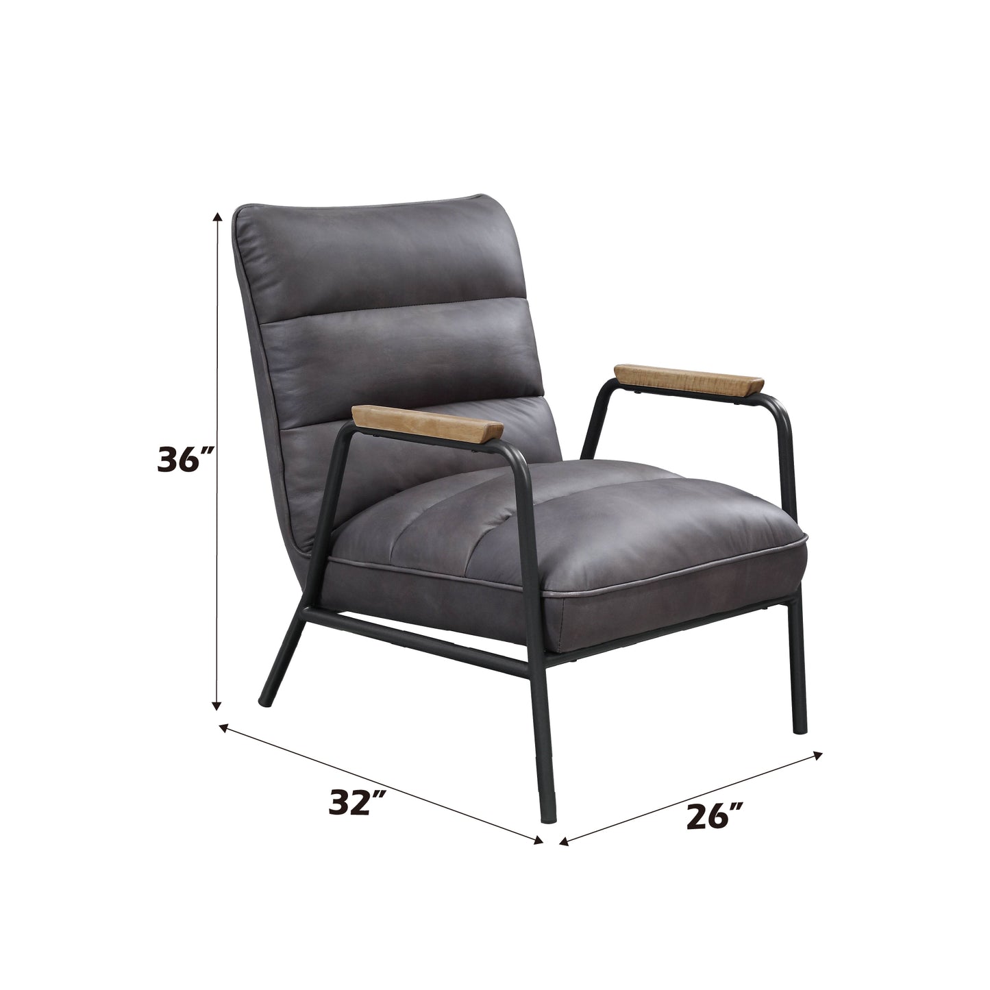 Dark grey leather accent chair with black metal frame and wood arms
