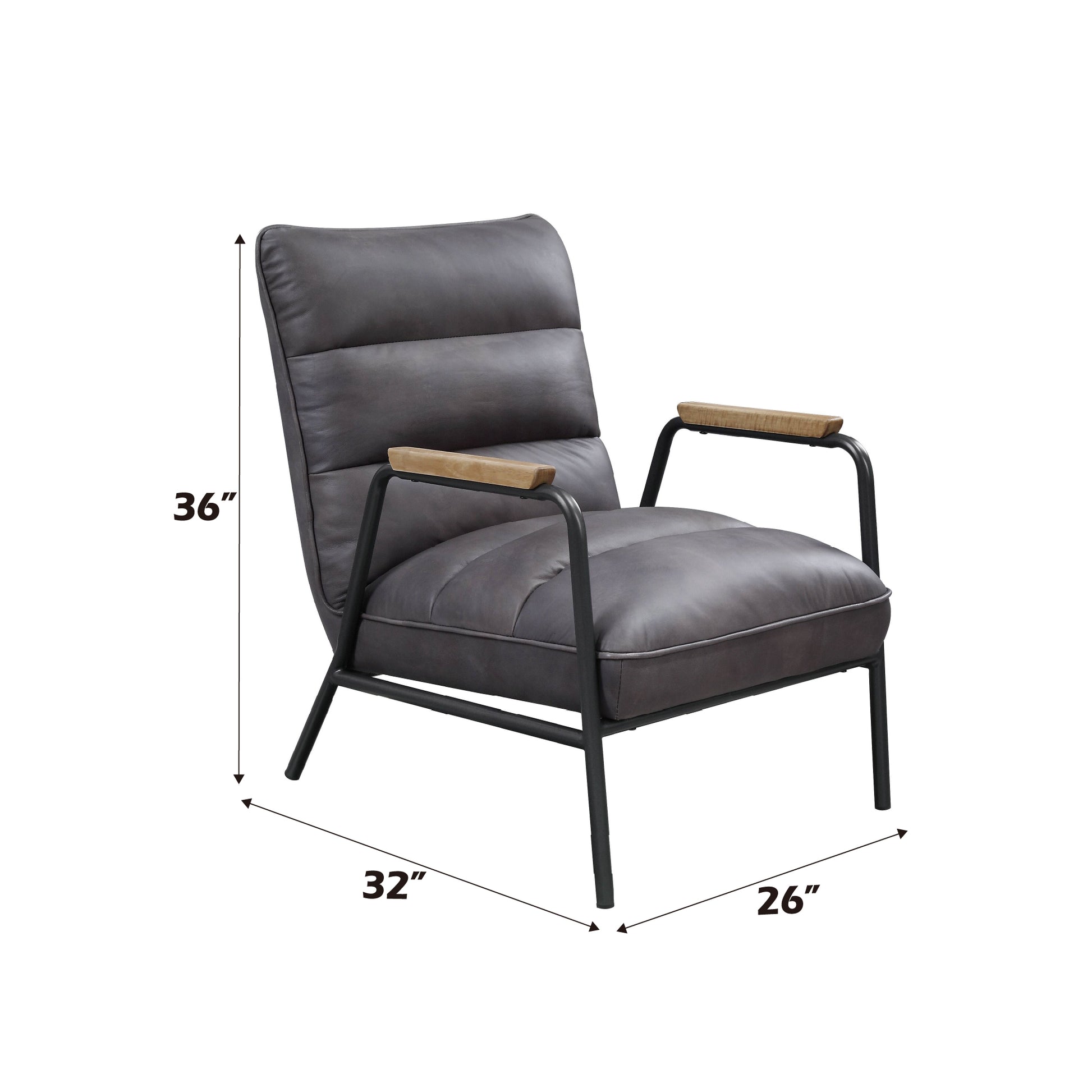 Dark grey leather accent chair with black metal frame and wood arms