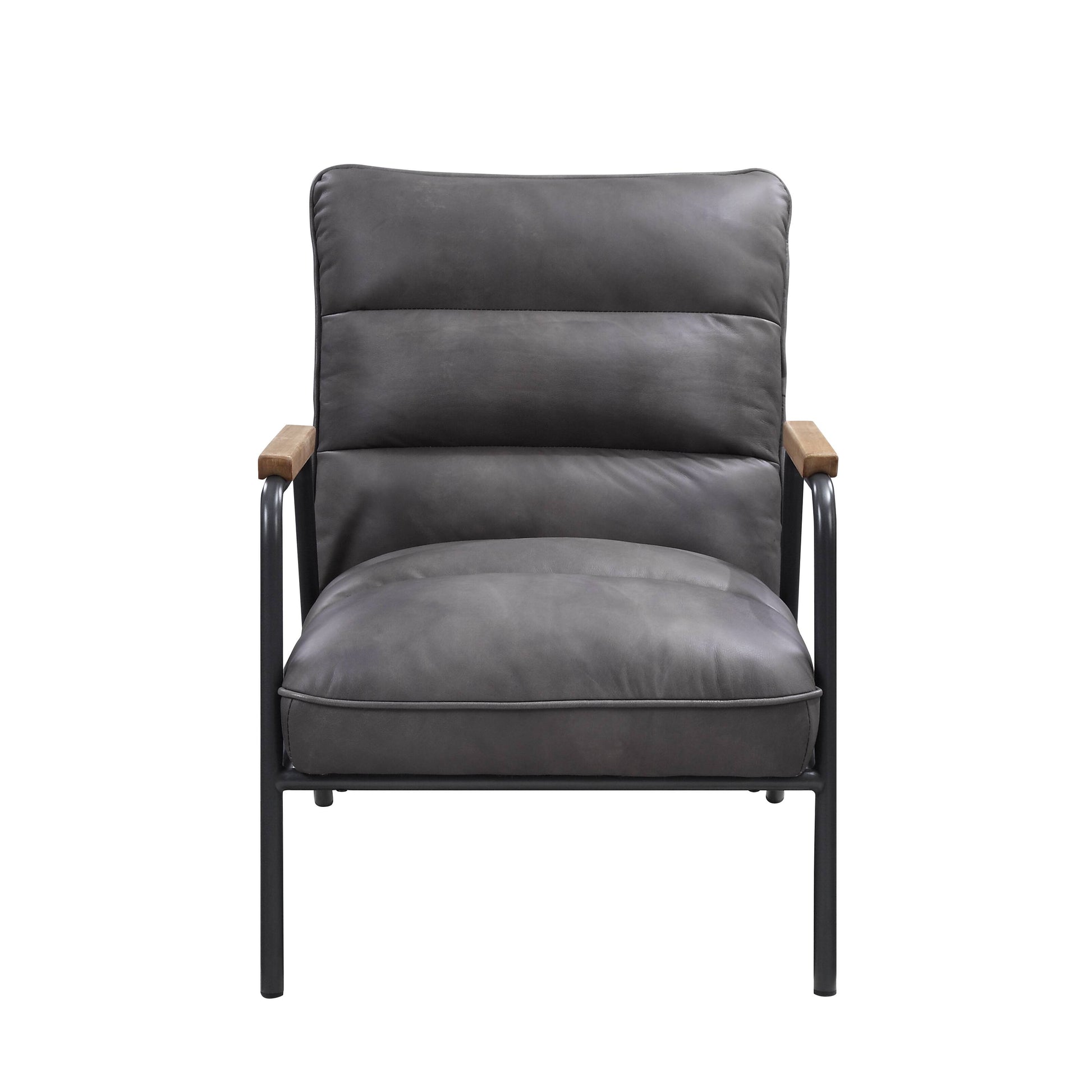 Dark grey leather accent chair with quilted backrest and wooden armrests