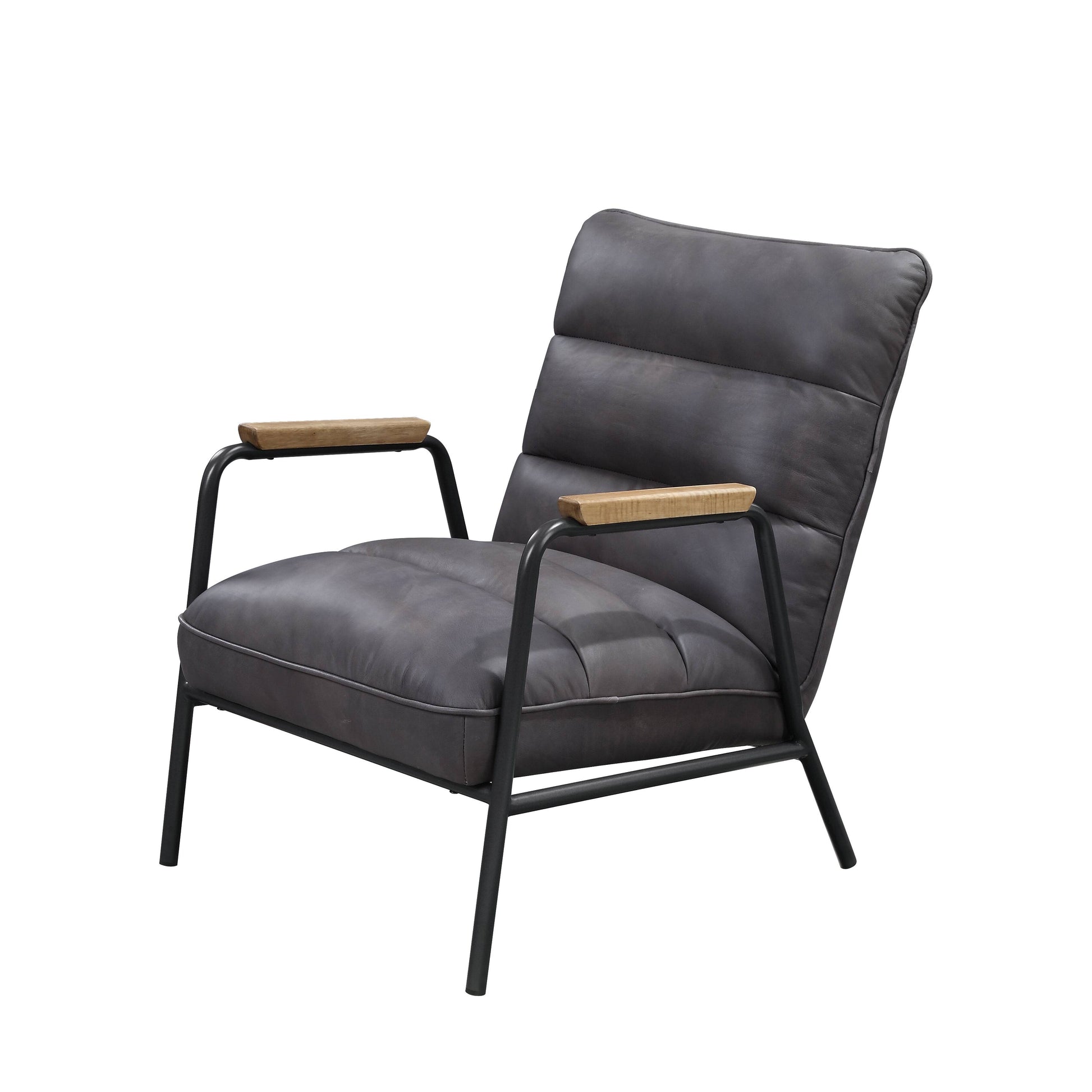 Dark gray tufted leather accent chair with wooden armrests and black metal legs