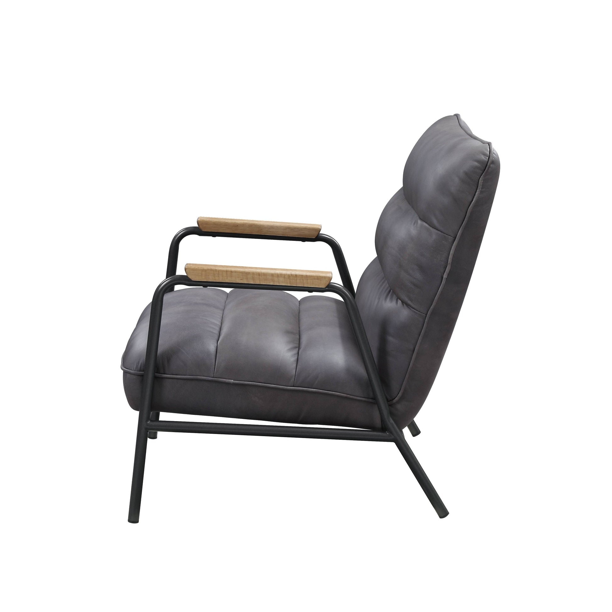 Tufted grey faux leather accent chair with dark metal frame and wood armrests