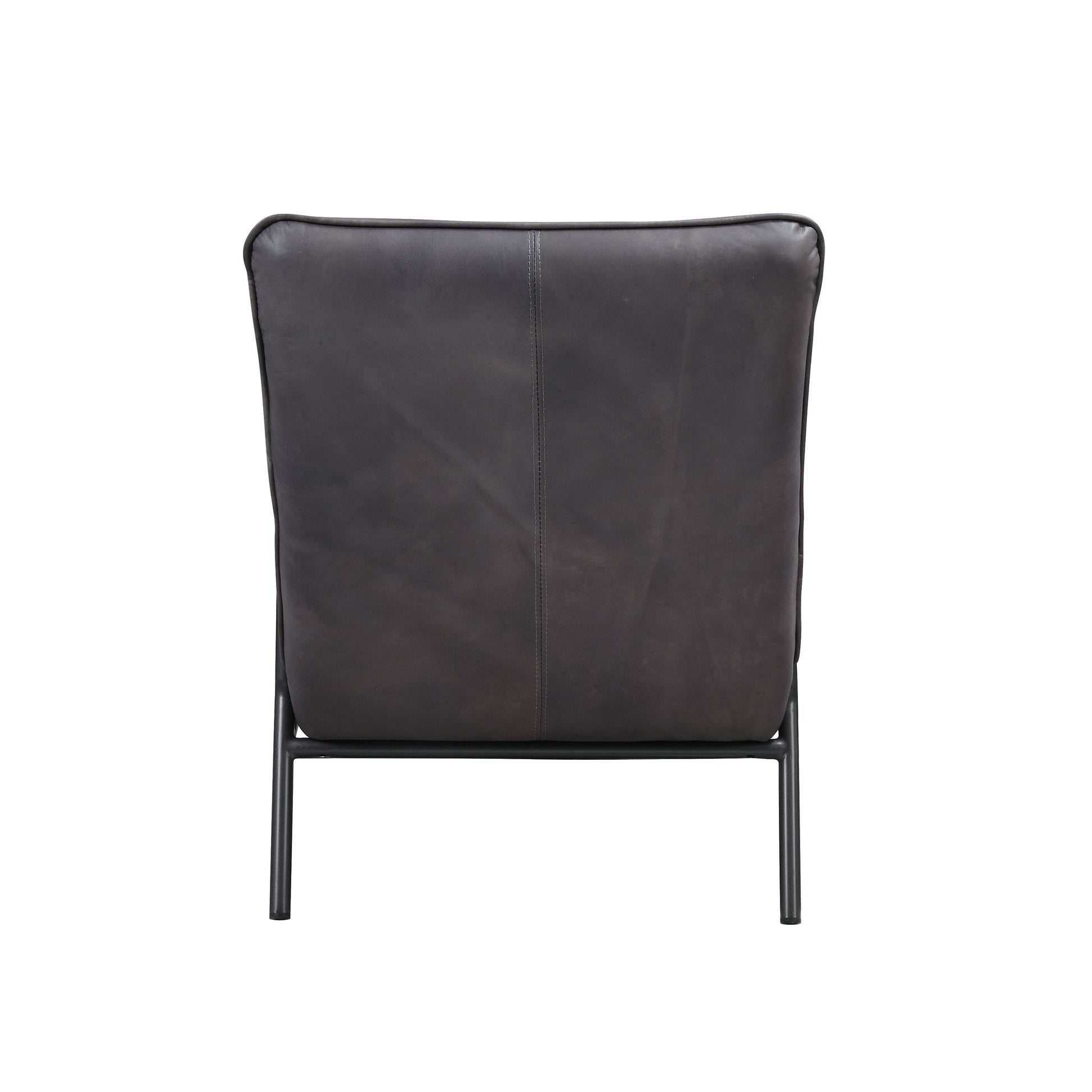 Back view of a dark grey leather accent chair with thin metal legs suitable for modern living rooms