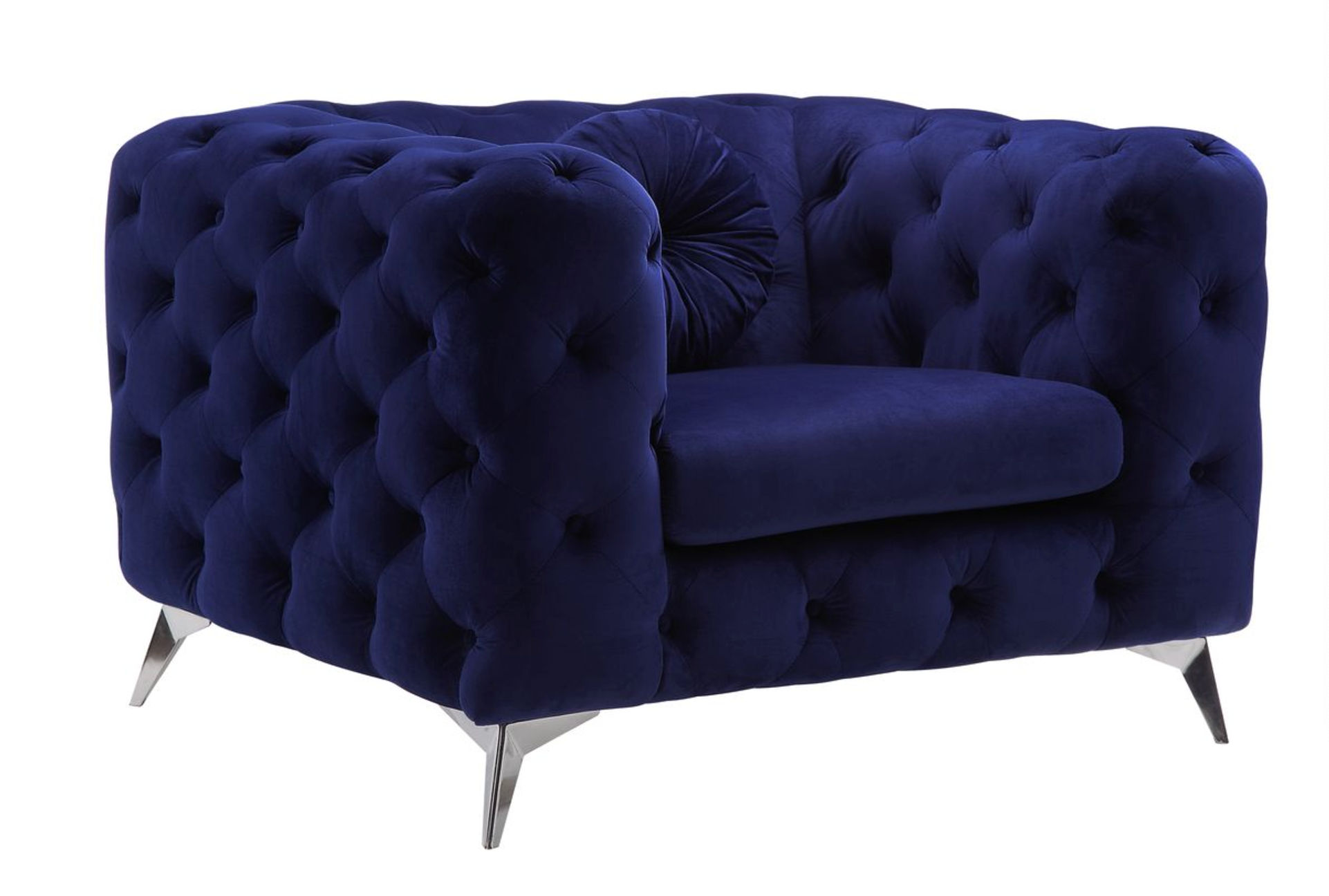 Plush navy velvet armchair with deep button tufting and chrome legs ideal for living room accent