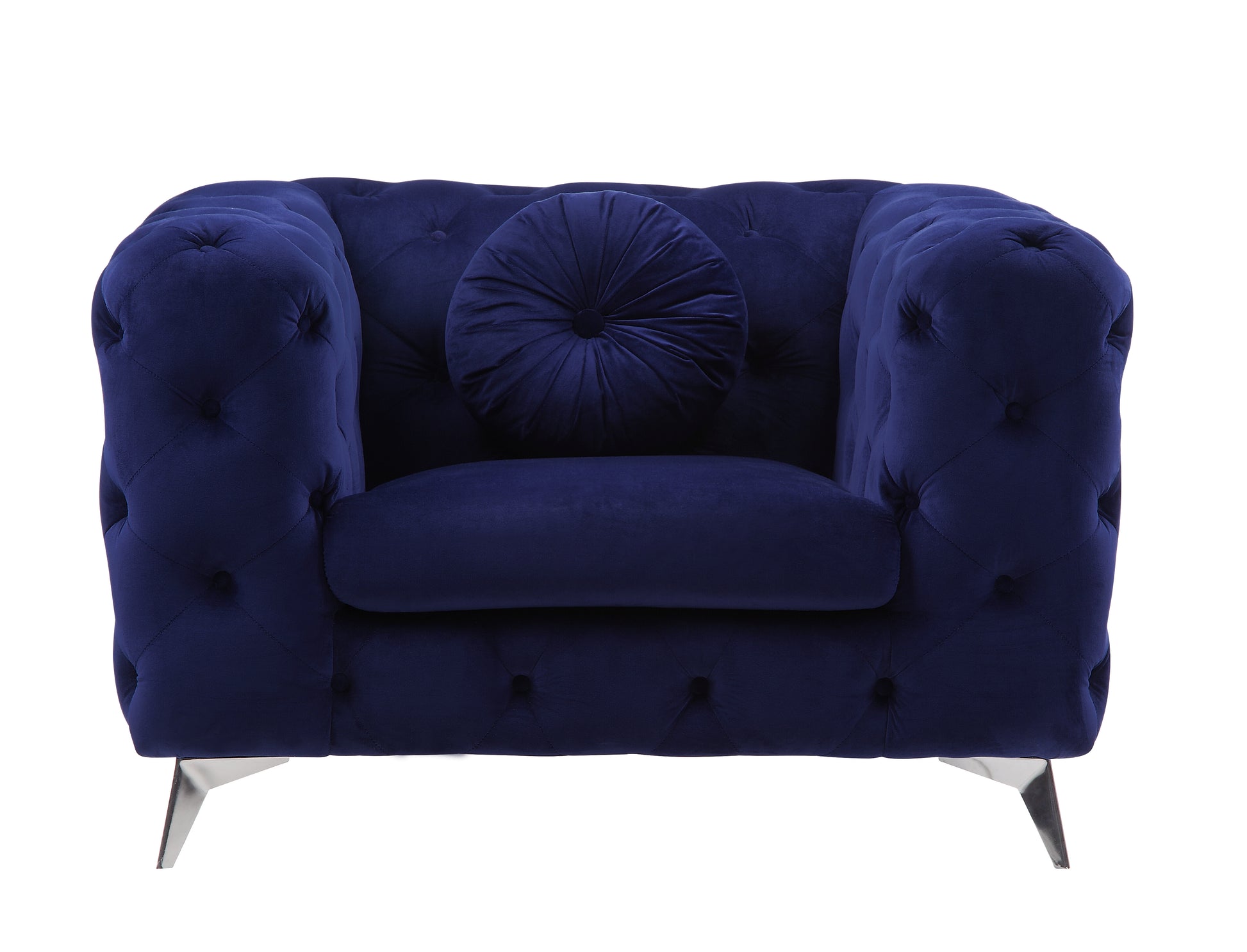 Tufted navy blue velvet armchair with round accent pillow and chrome legs