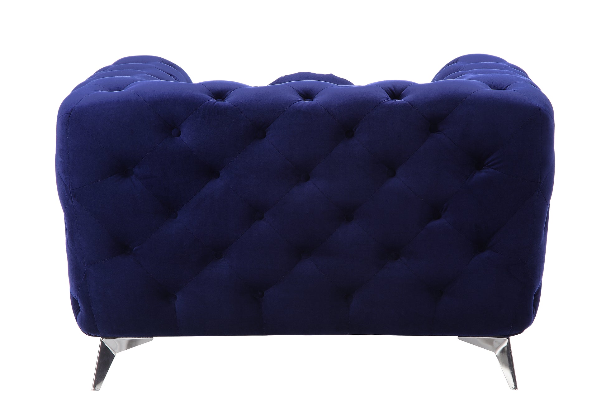 Deep blue velvet tufted armchair with elegant diamond stitching and silver metal legs