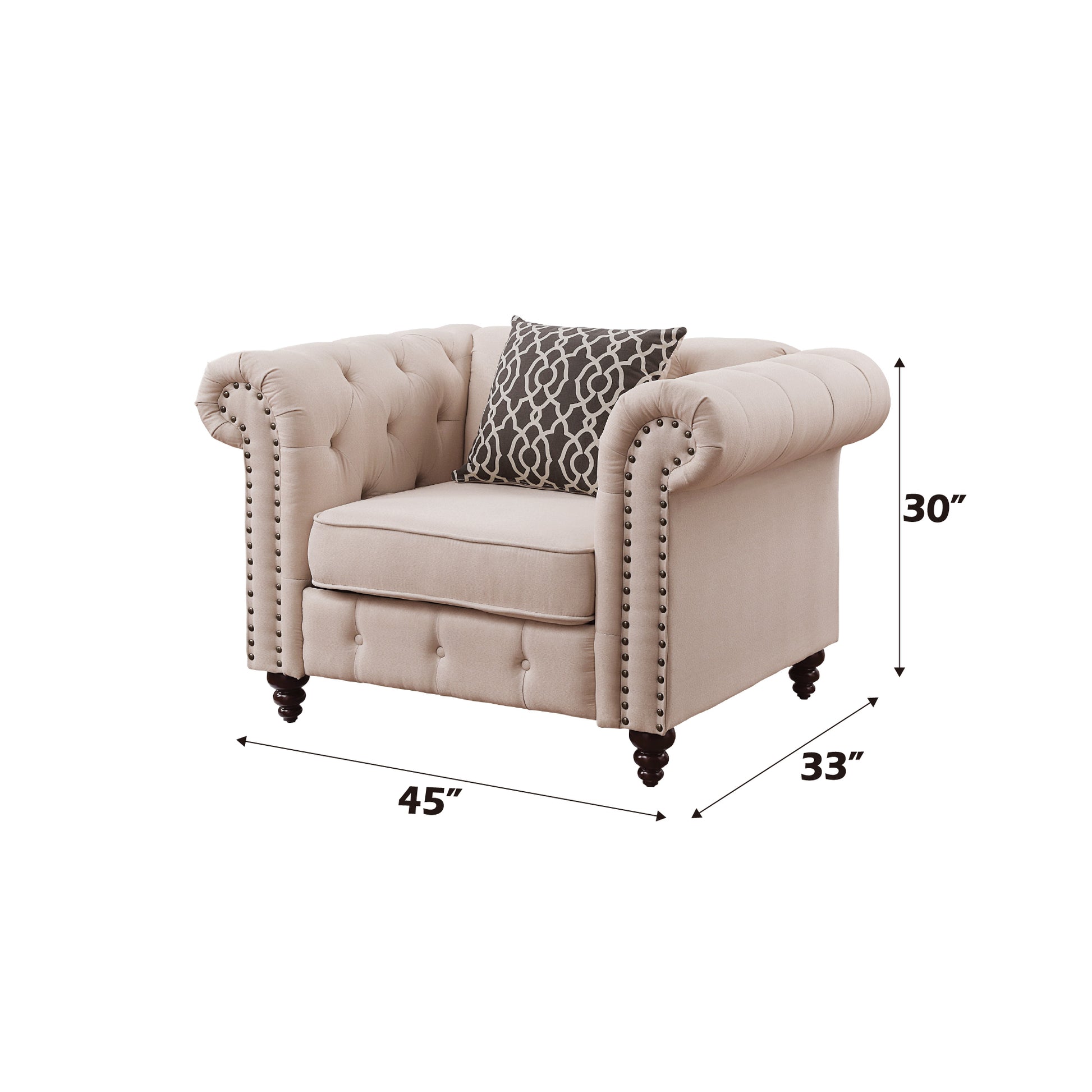 Beige fabric chesterfield armchair with button tufting and silver nailhead trim