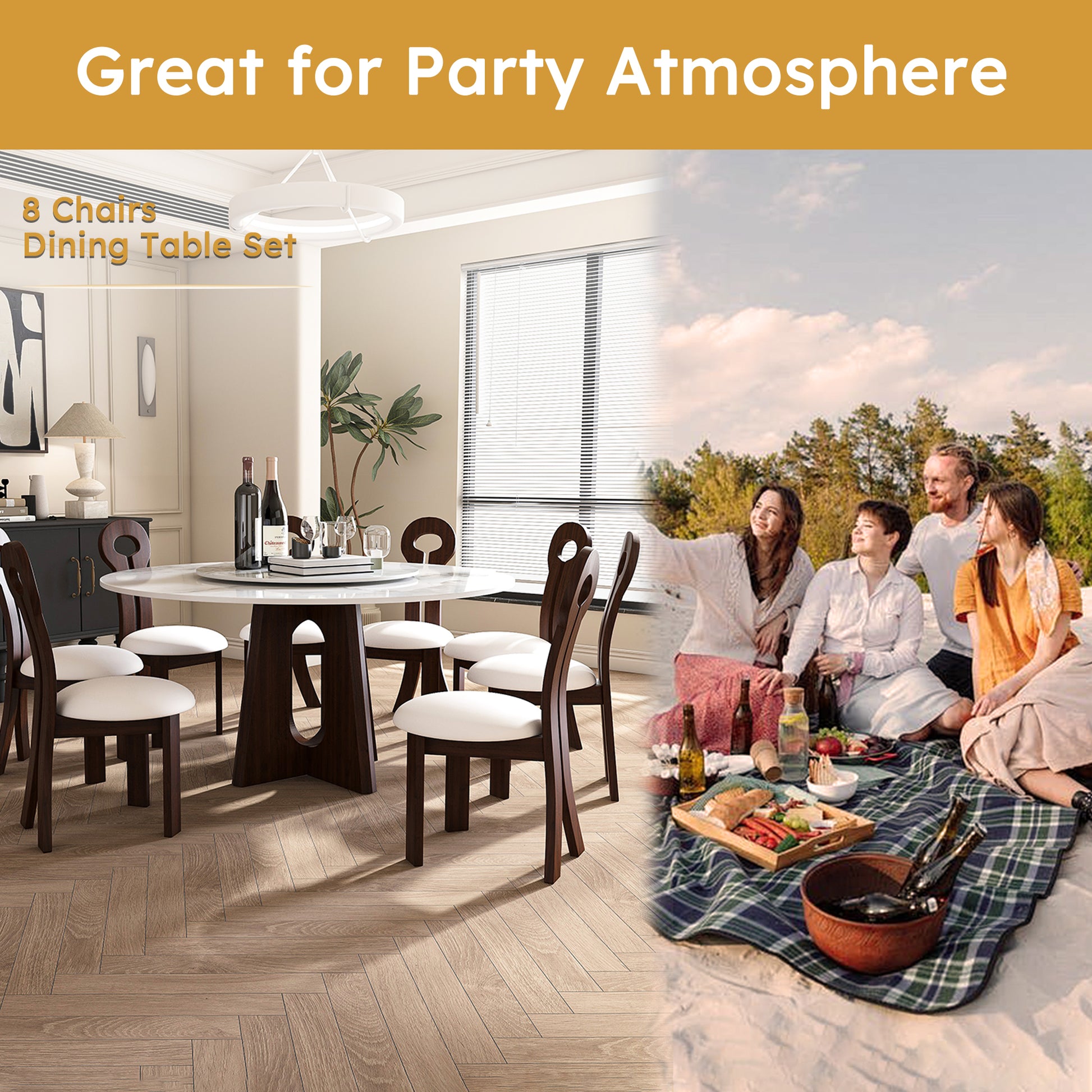 Modern seater dining table set with dark wood chairs and white cushions