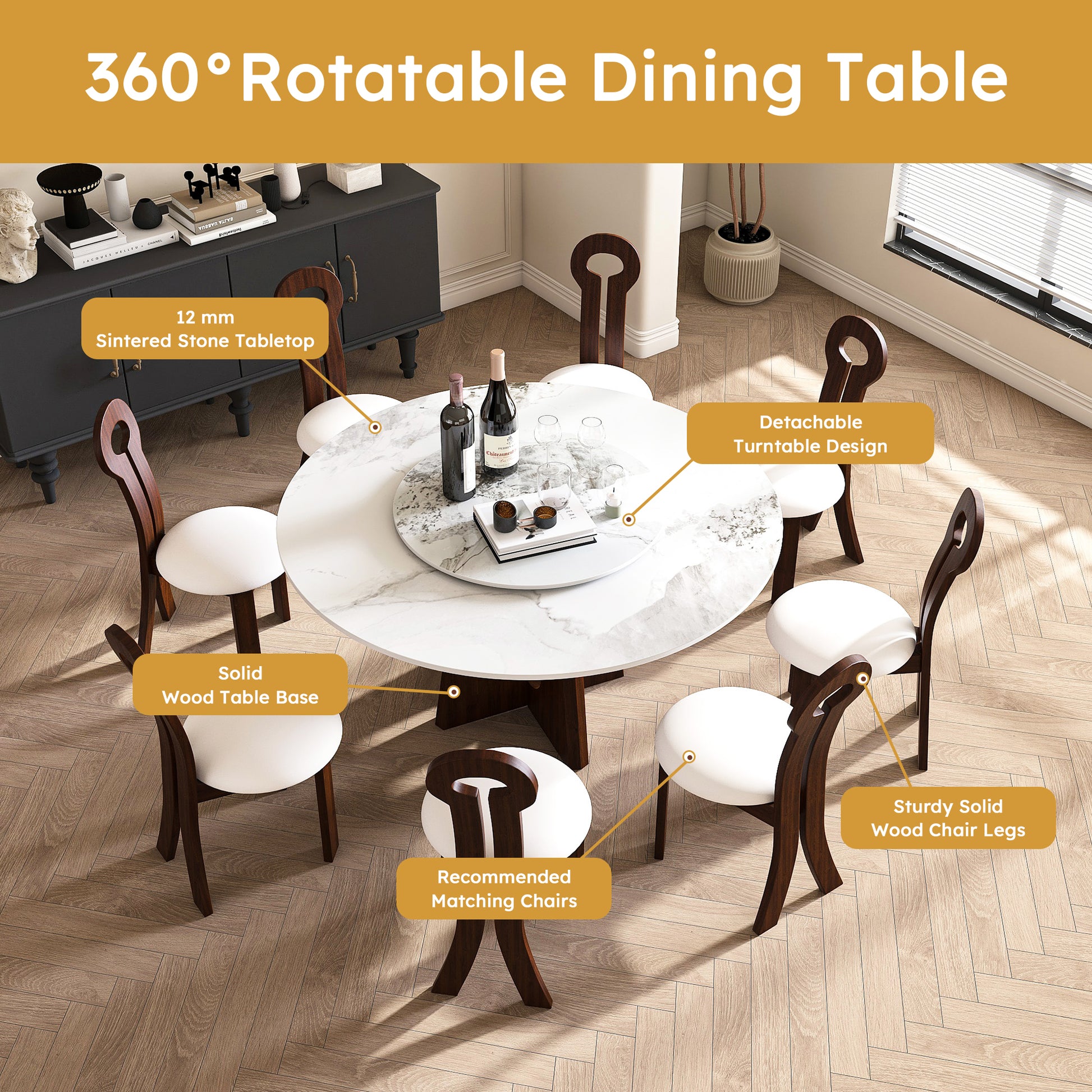 Round sintered stone dining table with white marble effect and detachable turntable
