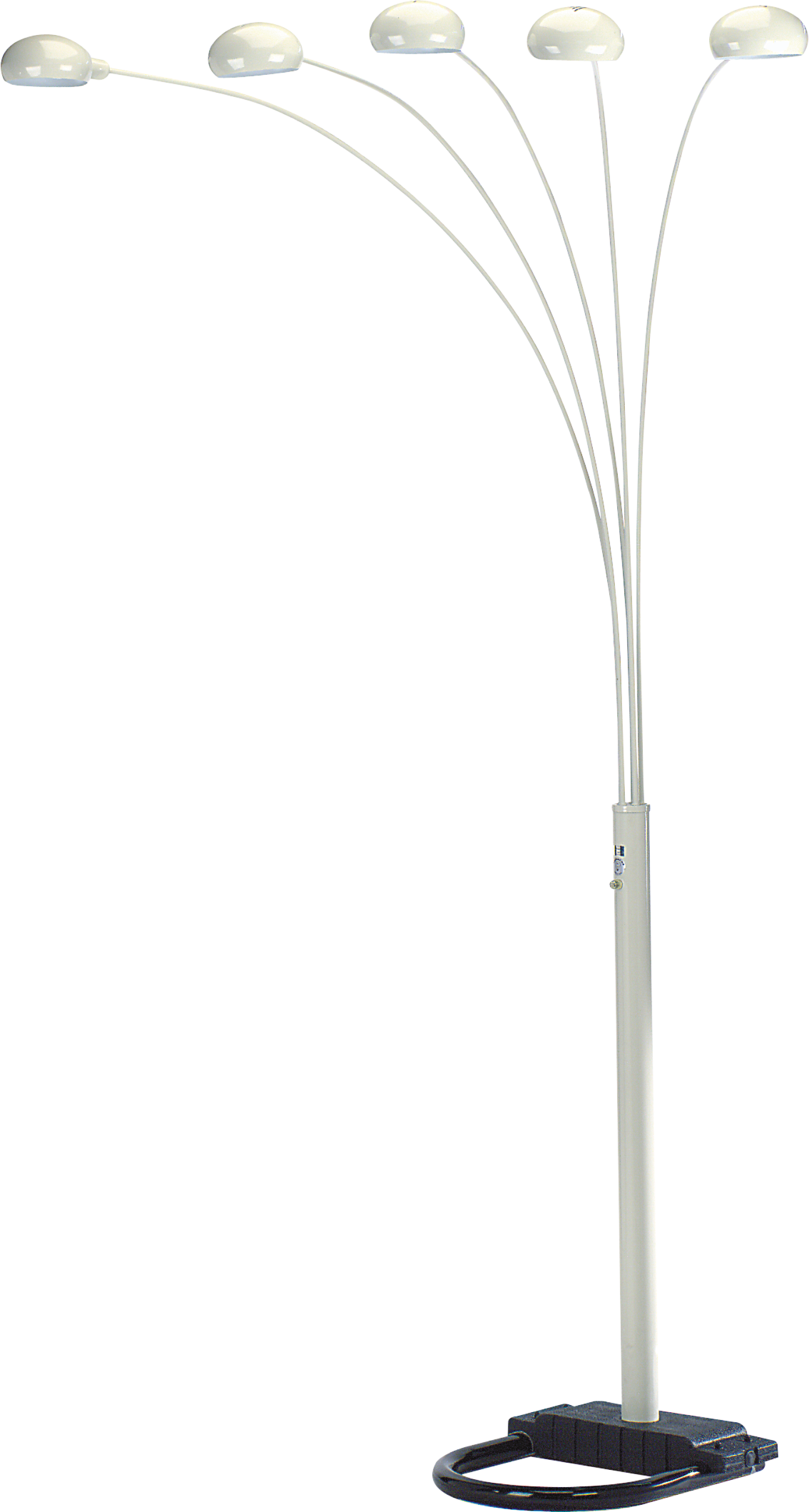 White arc floor lamp with five adjustable LED lights and a heavy black base for stability