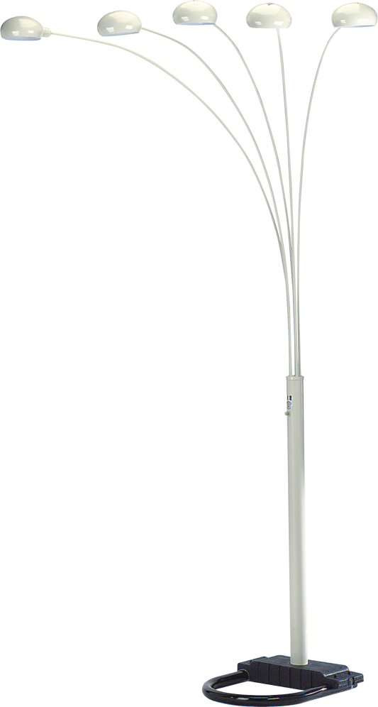 White arc floor lamp with five adjustable LED lights and a heavy black base for stability