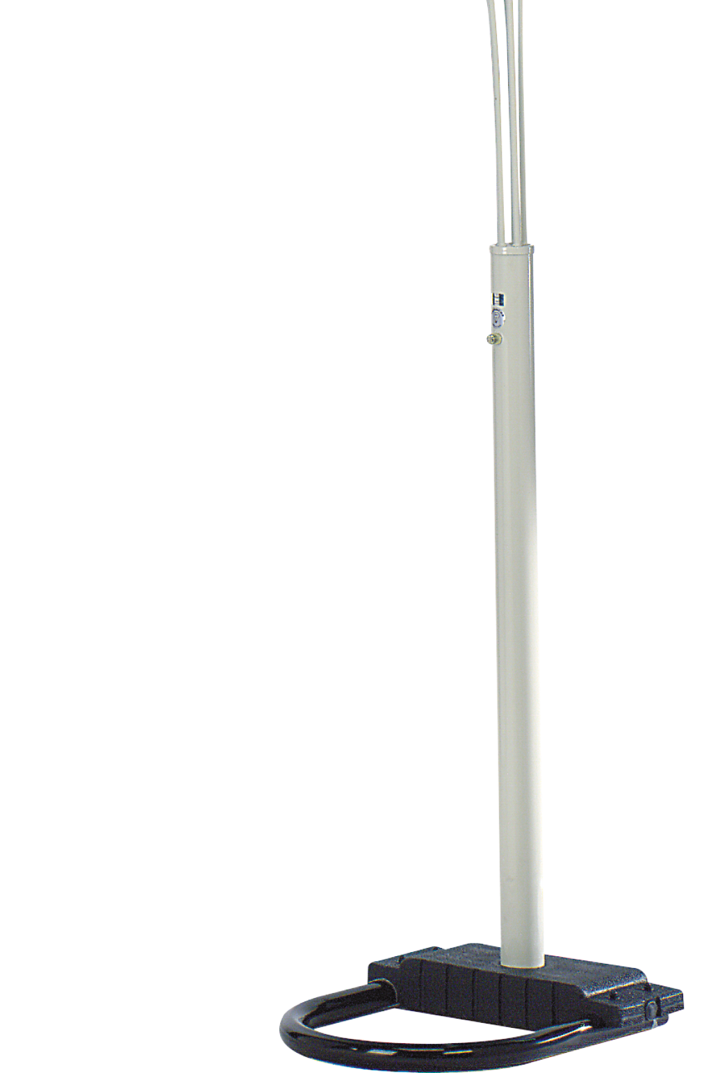 White retractable selfie stick with weighted base and rubber grip handle for stable photos